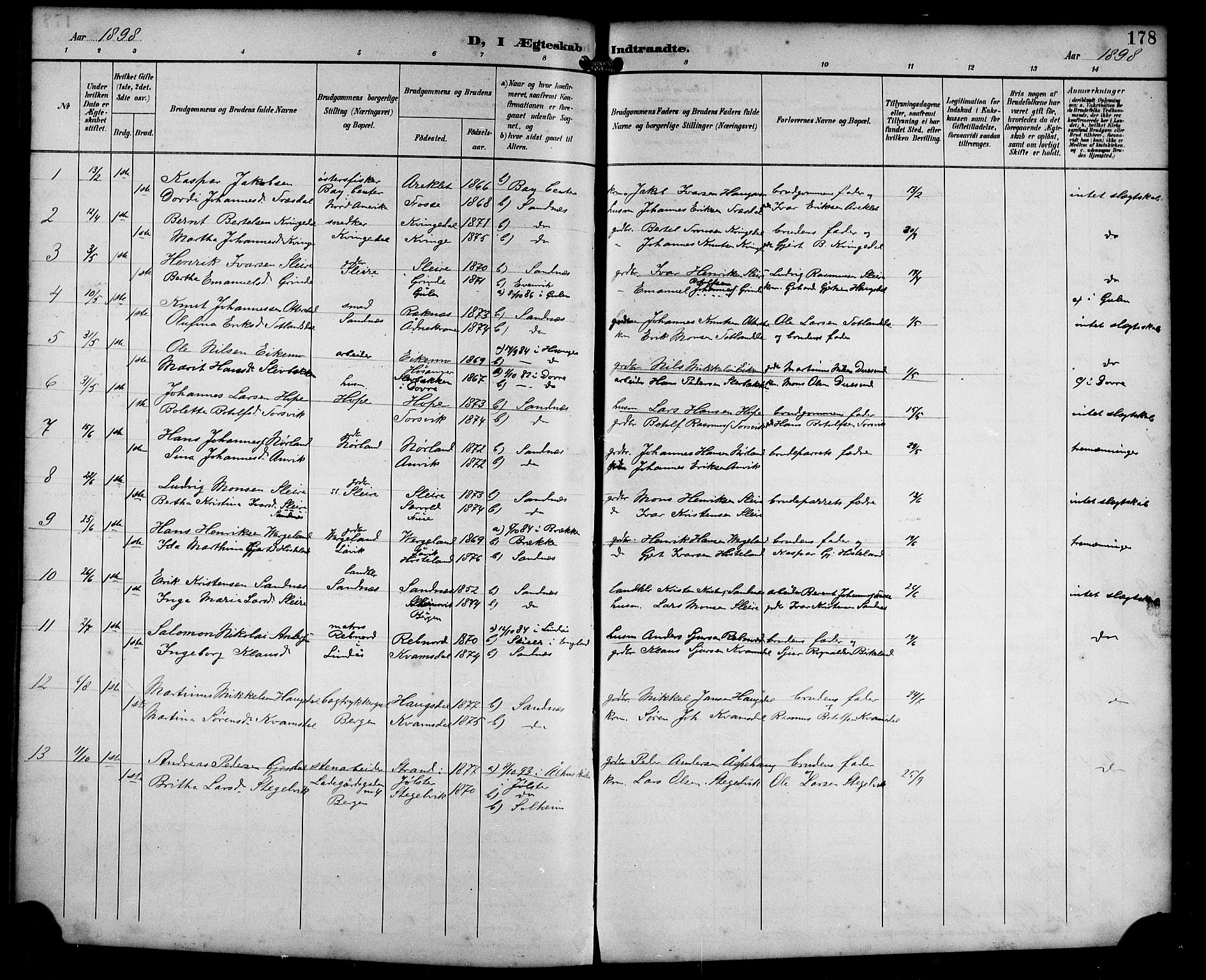 Masfjorden sokneprestembete, AV/SAB-A-77001: Klokkerbok nr. B 1, 1892-1913, s. 178