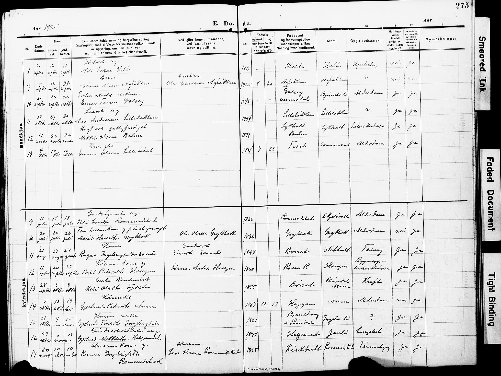 Ministerialprotokoller, klokkerbøker og fødselsregistre - Møre og Romsdal, AV/SAT-A-1454/598/L1079: Klokkerbok nr. 598C04, 1909-1927, s. 275