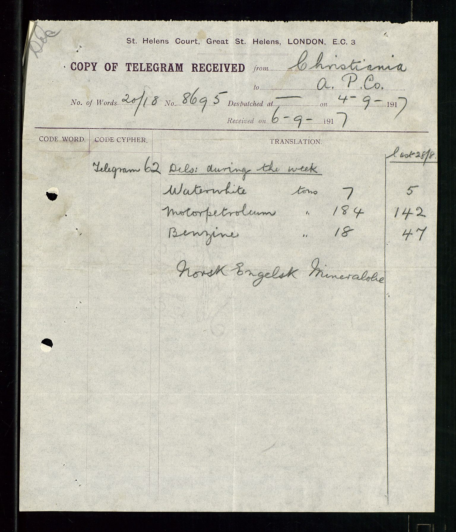 Pa 1521 - A/S Norske Shell, AV/SAST-A-101915/E/Ea/Eaa/L0001: Sjefskorrespondanse, 1917, s. 182