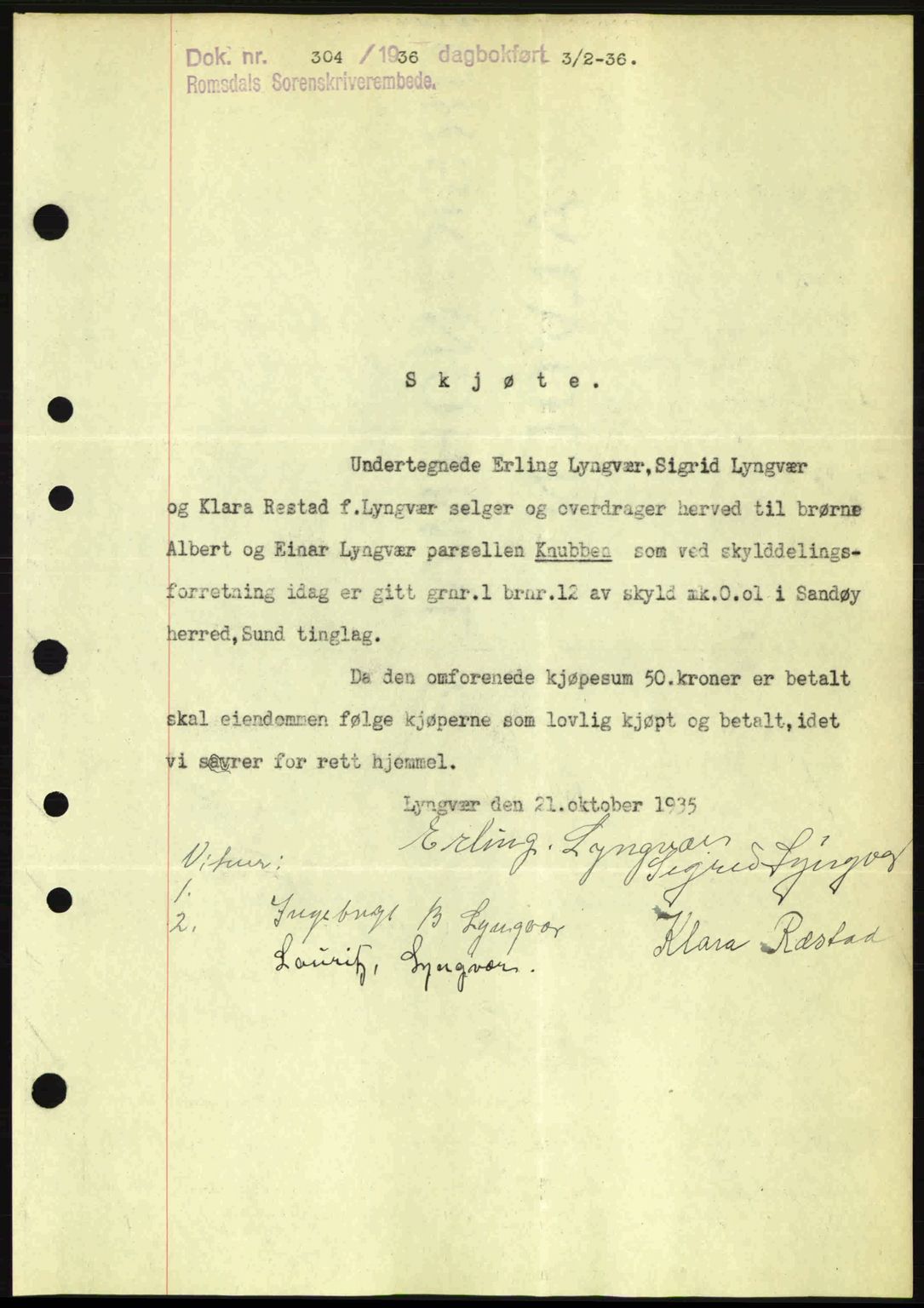 Romsdal sorenskriveri, SAT/A-4149/1/2/2C: Pantebok nr. A1, 1936-1936, Dagboknr: 304/1936