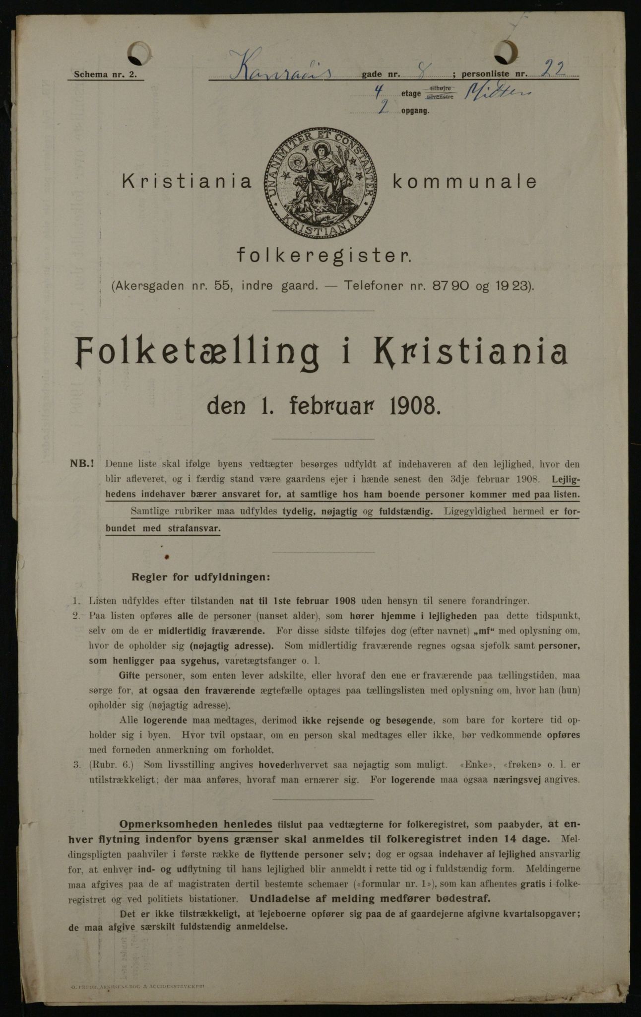 OBA, Kommunal folketelling 1.2.1908 for Kristiania kjøpstad, 1908, s. 12727