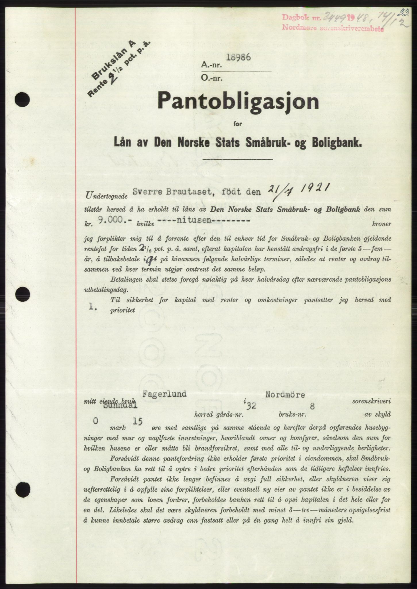 Nordmøre sorenskriveri, SAT/A-4132/1/2/2Ca: Pantebok nr. B100, 1948-1949, Dagboknr: 3449/1948