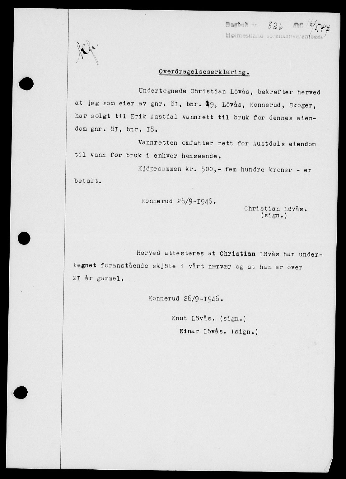 Holmestrand sorenskriveri, SAKO/A-67/G/Ga/Gaa/L0062: Pantebok nr. A-62, 1947-1947, Dagboknr: 826/1947