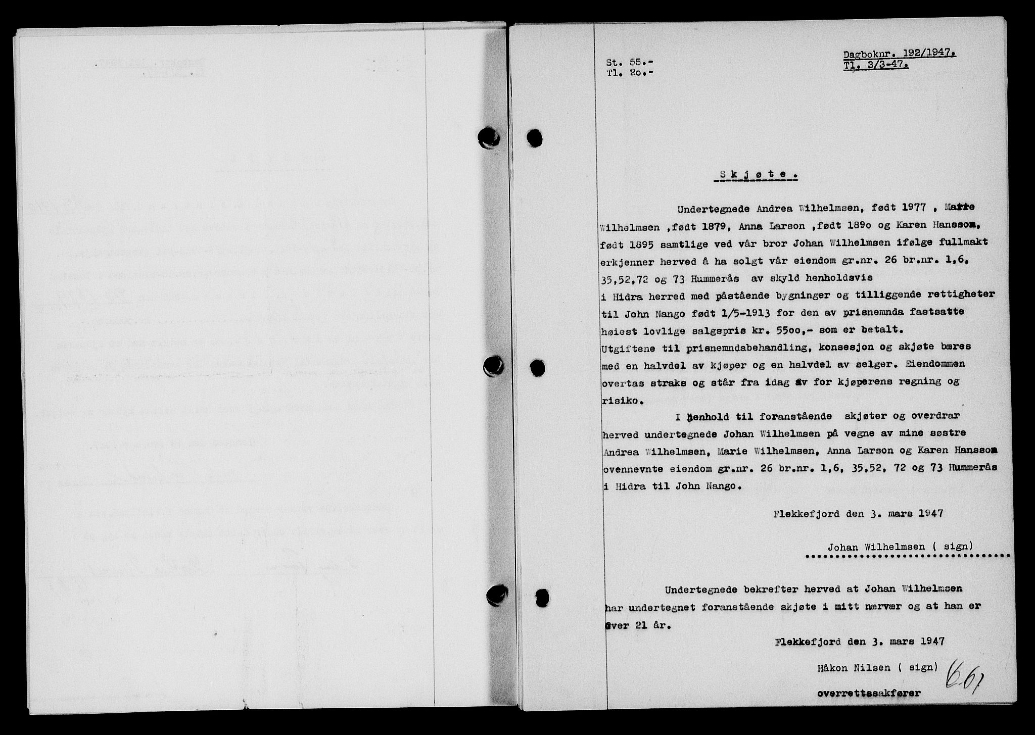 Flekkefjord sorenskriveri, SAK/1221-0001/G/Gb/Gba/L0061: Pantebok nr. A-9, 1946-1947, Dagboknr: 192/1947