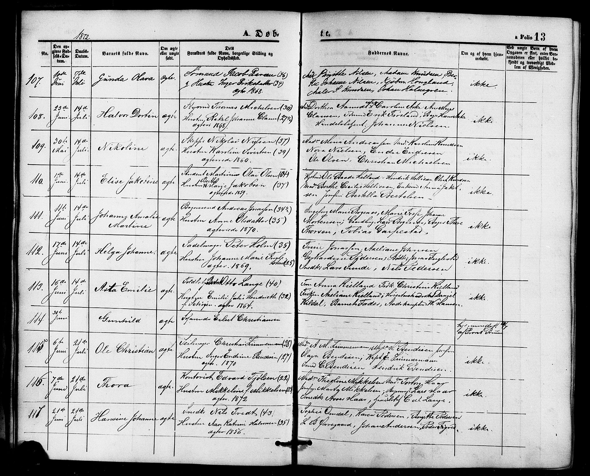 Domkirken sokneprestkontor, AV/SAST-A-101812/001/30/30BB/L0013: Klokkerbok nr. B 13, 1871-1880, s. 13