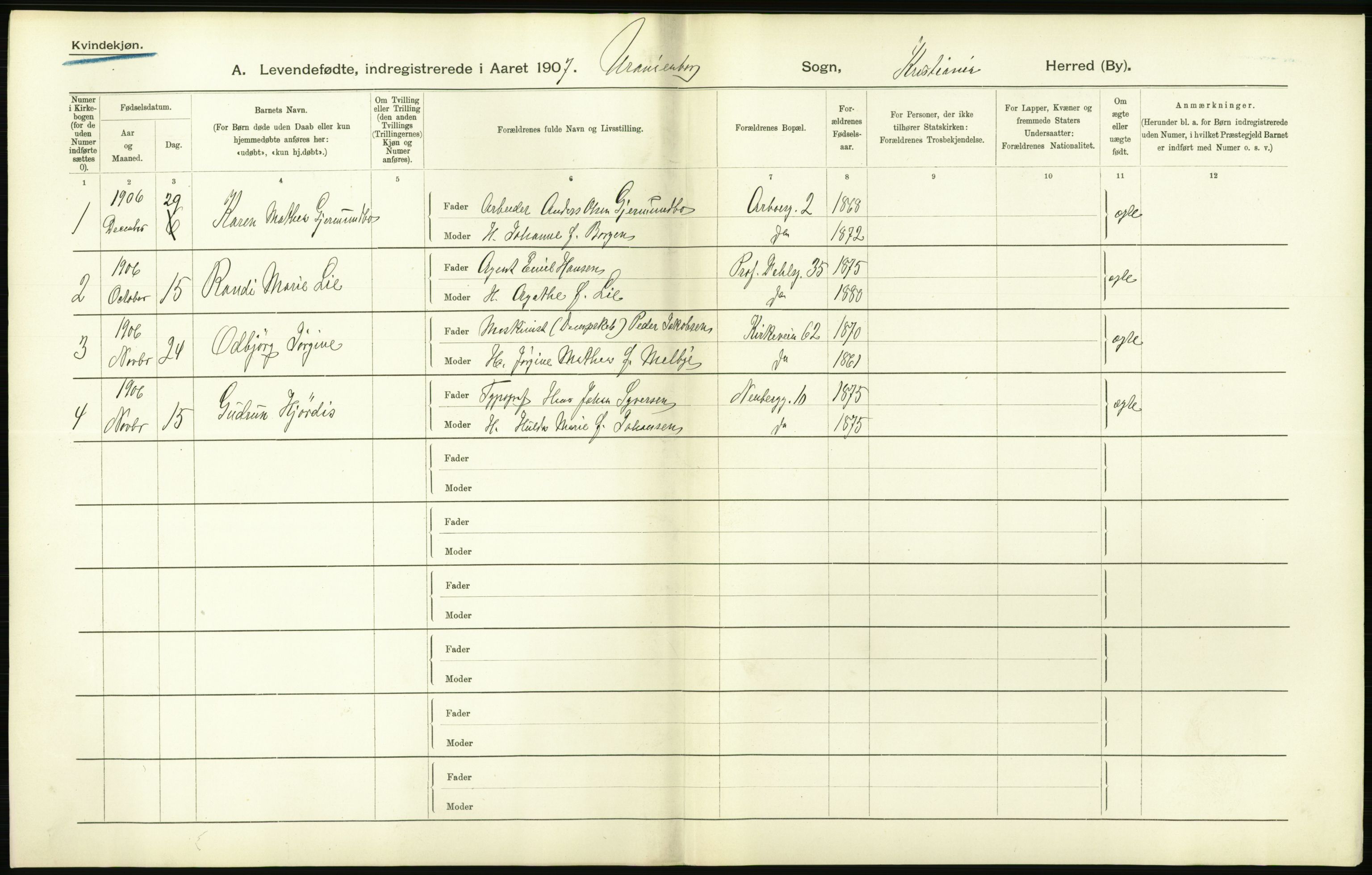 Statistisk sentralbyrå, Sosiodemografiske emner, Befolkning, AV/RA-S-2228/D/Df/Dfa/Dfae/L0006: Kristiania: Levendefødte menn og kvinner., 1907, s. 324