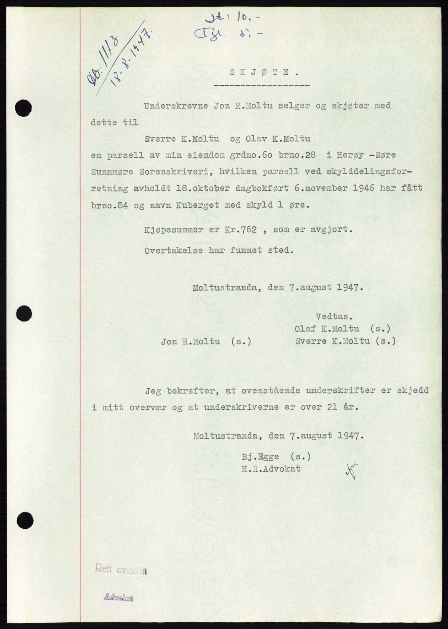 Søre Sunnmøre sorenskriveri, SAT/A-4122/1/2/2C/L0081: Pantebok nr. 7A, 1947-1948, Dagboknr: 1113/1947
