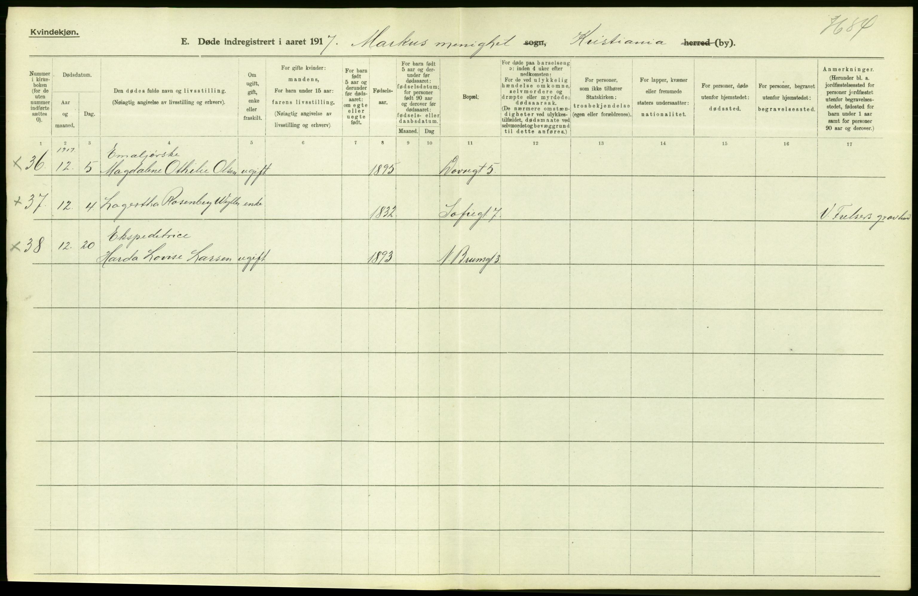 Statistisk sentralbyrå, Sosiodemografiske emner, Befolkning, AV/RA-S-2228/D/Df/Dfb/Dfbg/L0010: Kristiania: Døde, 1917, s. 22