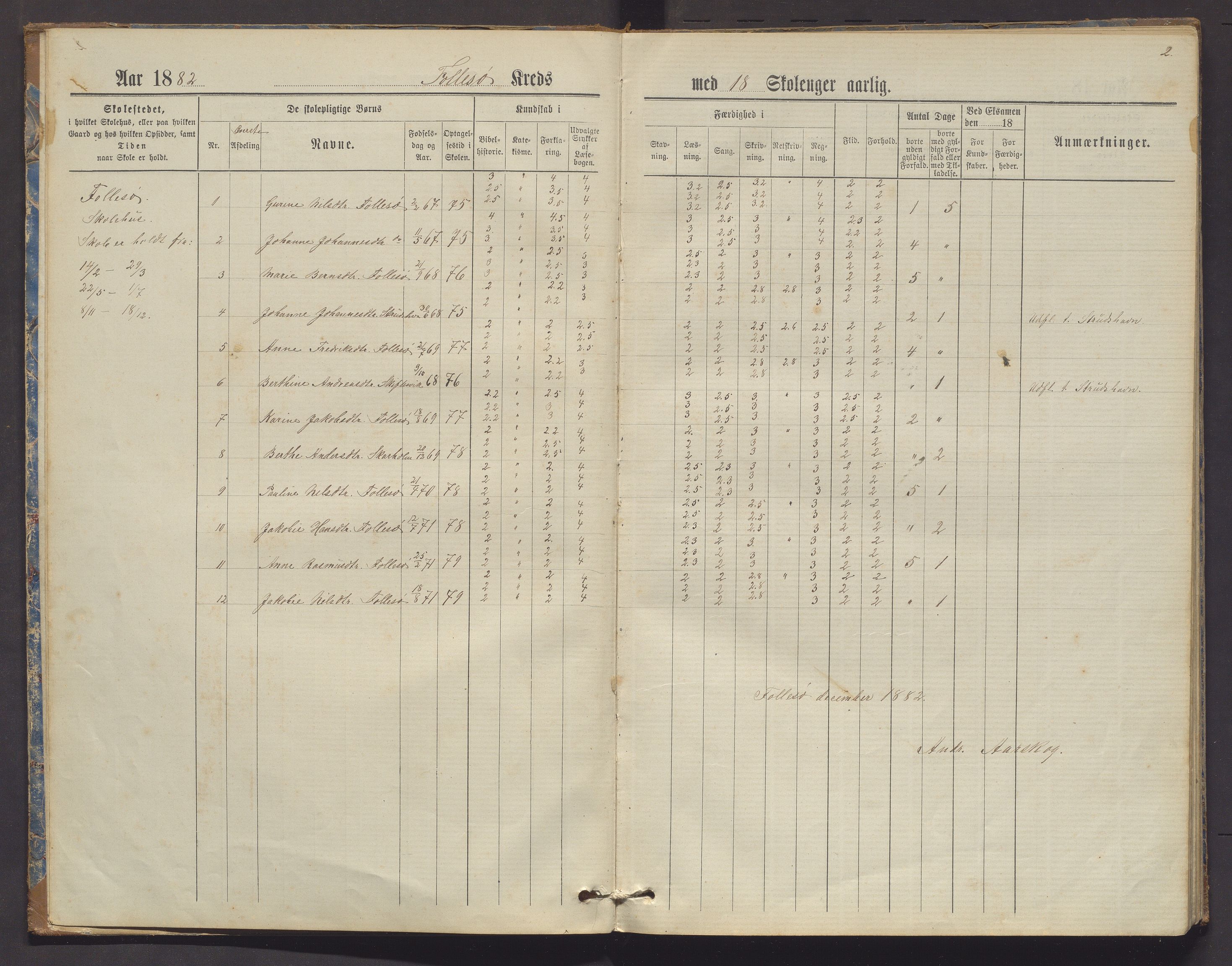 Askøy kommune. Barneskulane, IKAH/1247-231/F/Fd/L0002: Skuleprotokoll for Follese og Haugland krinsar, 1882-1893