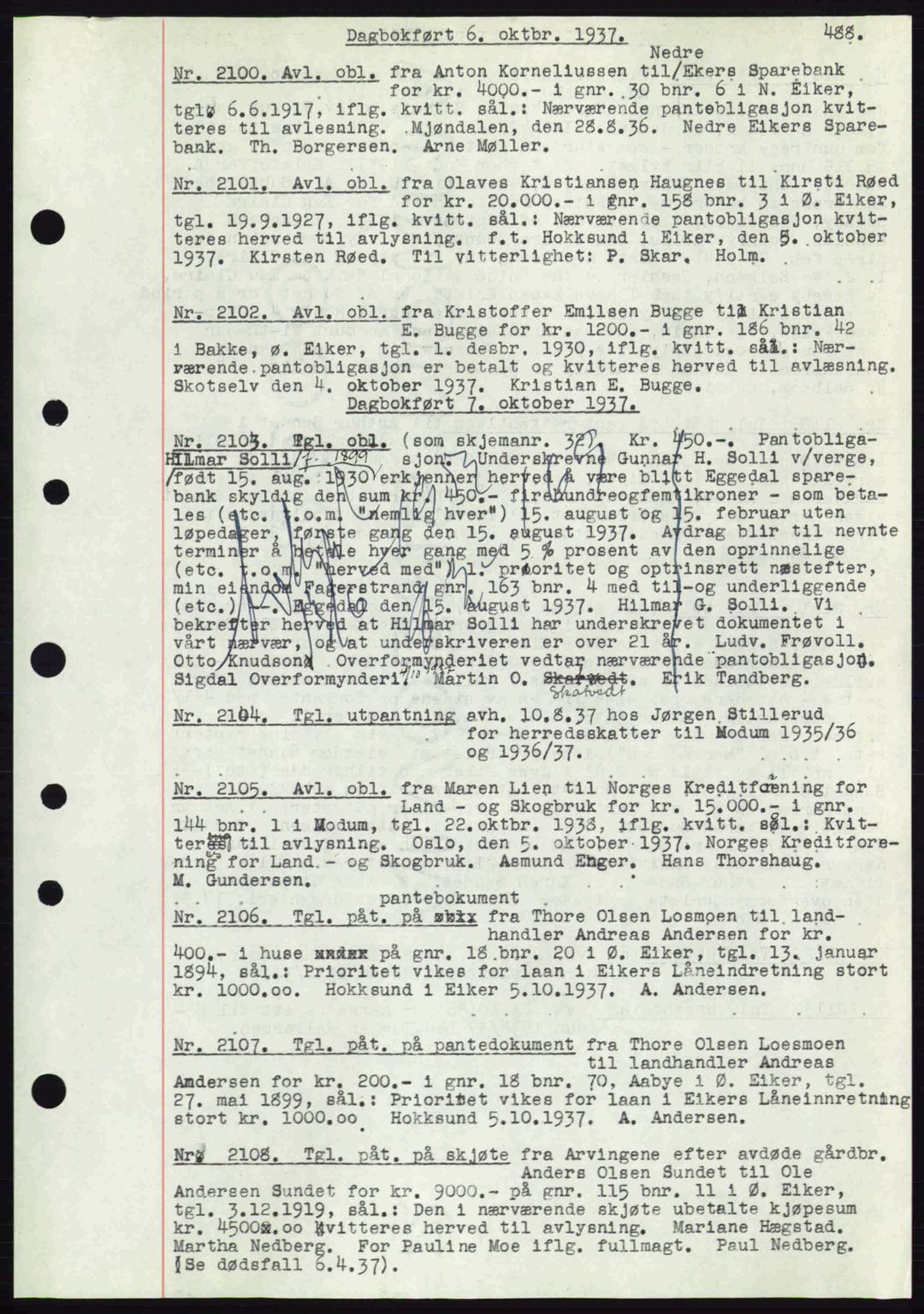 Eiker, Modum og Sigdal sorenskriveri, SAKO/A-123/G/Ga/Gab/L0036: Pantebok nr. A6, 1937-1937, Dagboknr: 2100/1937