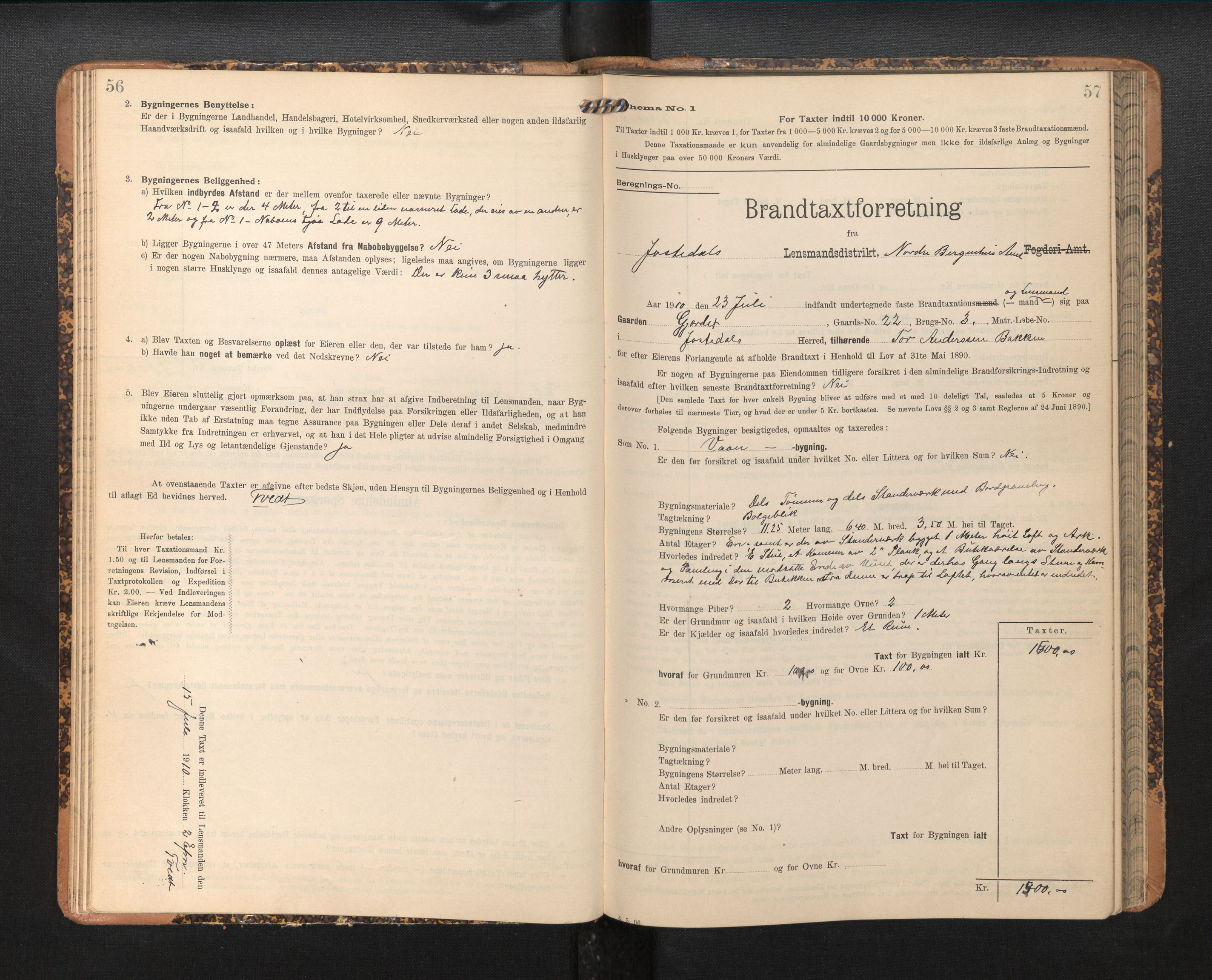 Lensmannen i Jostedal, AV/SAB-A-28601/0012/L0004: Branntakstprotokoll, skjematakst, 1906-1919, s. 56-57