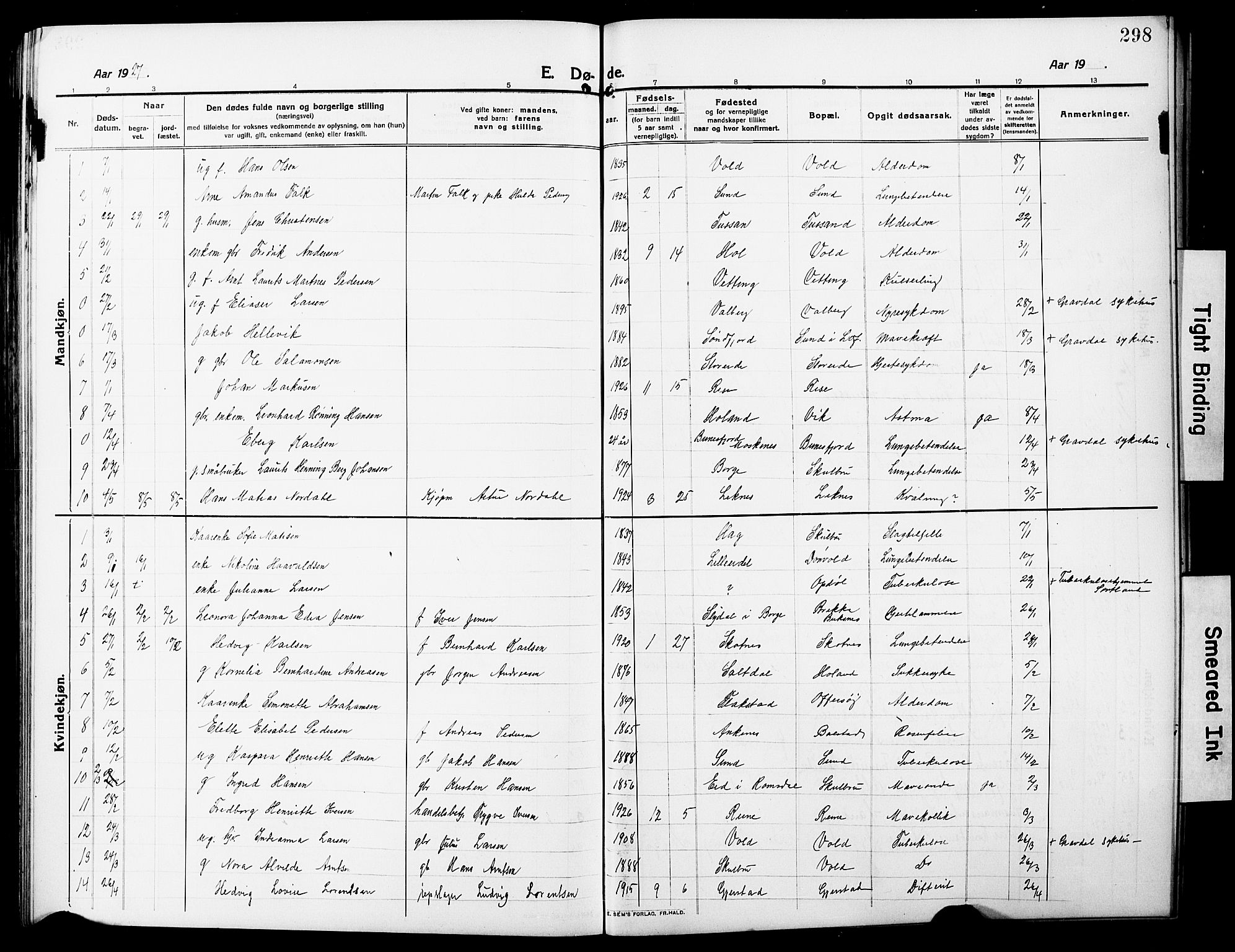 Ministerialprotokoller, klokkerbøker og fødselsregistre - Nordland, AV/SAT-A-1459/881/L1169: Klokkerbok nr. 881C06, 1912-1930, s. 298