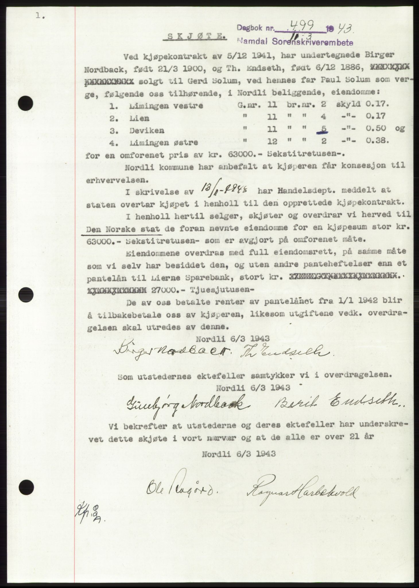 Namdal sorenskriveri, SAT/A-4133/1/2/2C: Pantebok nr. -, 1942-1943, Dagboknr: 499/1943