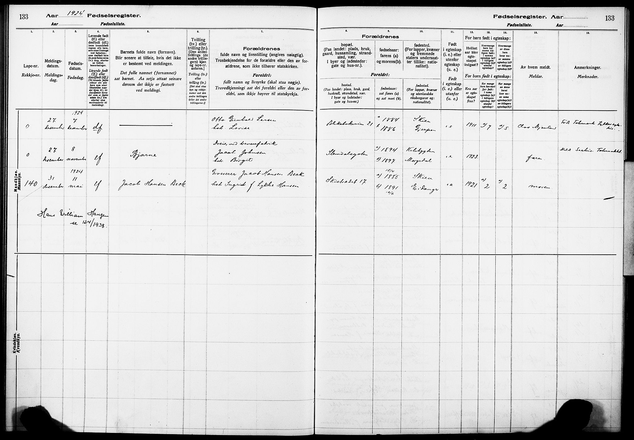 Skien kirkebøker, SAKO/A-302/J/Ja/L0002: Fødselsregister nr. 2, 1921-1927, s. 133