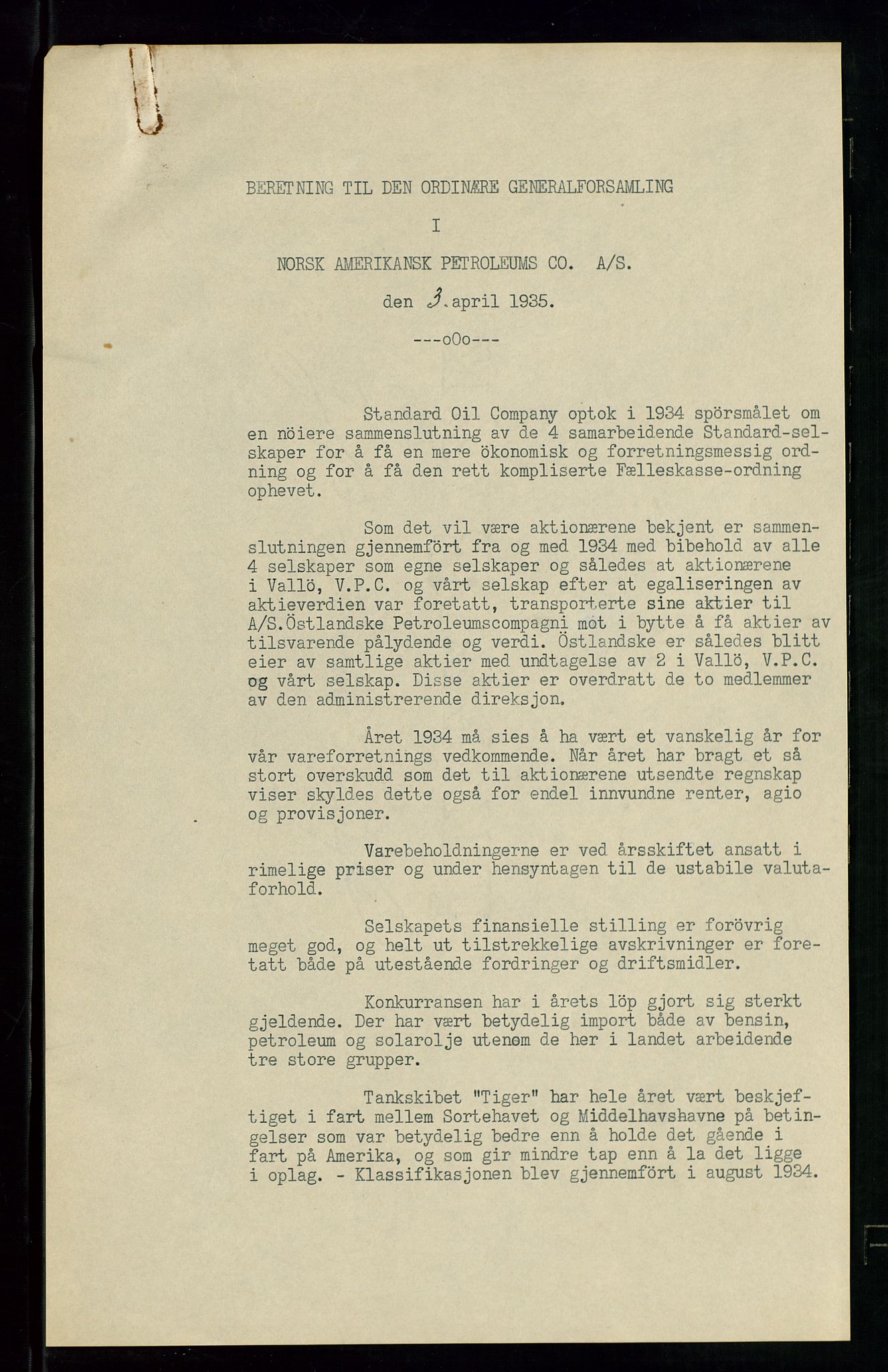 Pa 1536 - Esso Norge as, Vallø Oljeraffineri og lager, AV/SAST-A-101956/A/Aa/L0002: Vallø Oljeraffineri ordinær og ekstraordinær generalforsamling 1934. Ordinær generalforsamling Vallø Oljeraffineri, Norsk Amerikansk Petroleuns co., Vestlandske Petroleums co. 1935., 1934-1935, s. 63