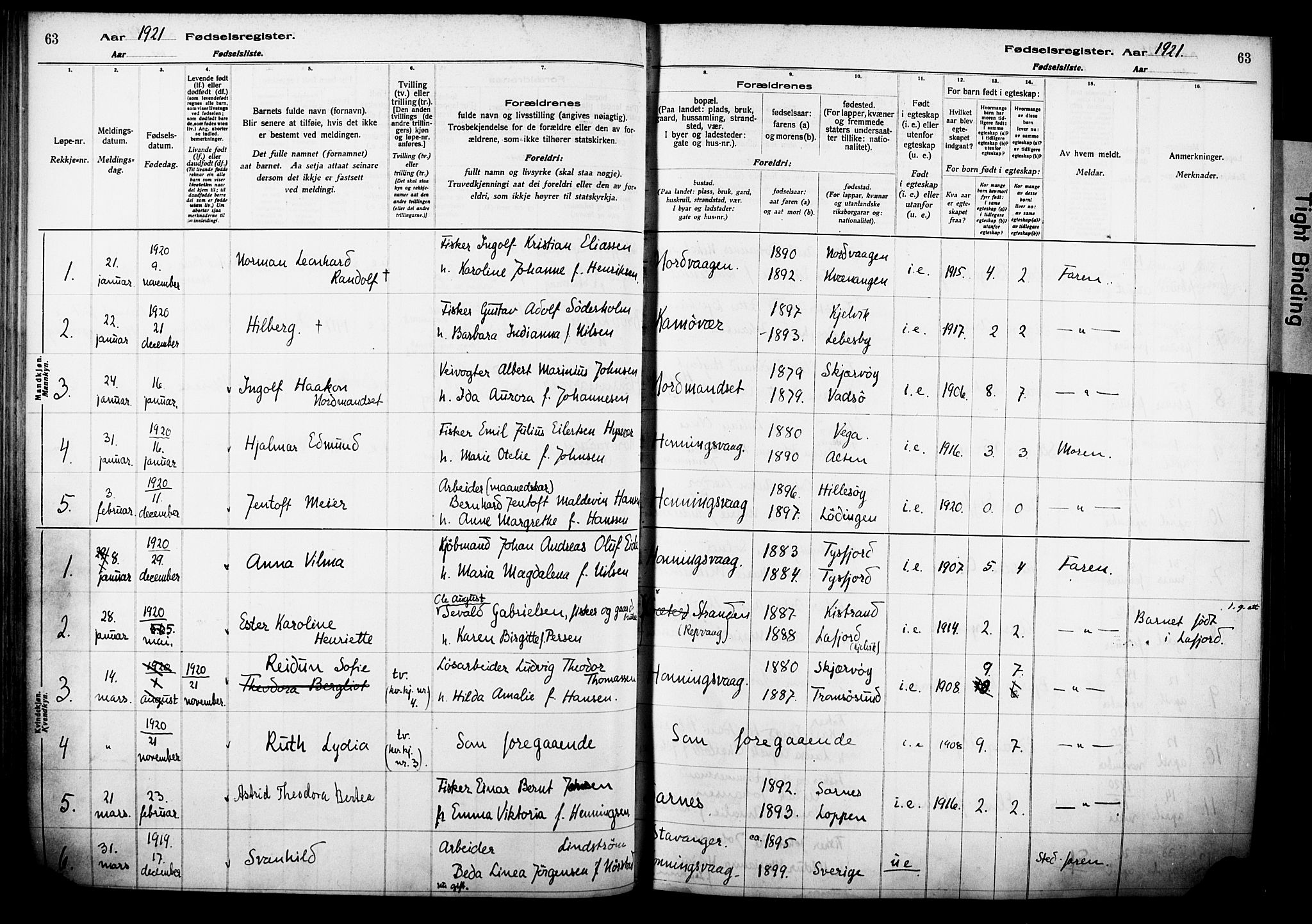 Kjelvik/Nordkapp sokneprestkontor, AV/SATØ-S-1350/I/Ia/L0015: Fødselsregister nr. 15, 1916-1930, s. 63