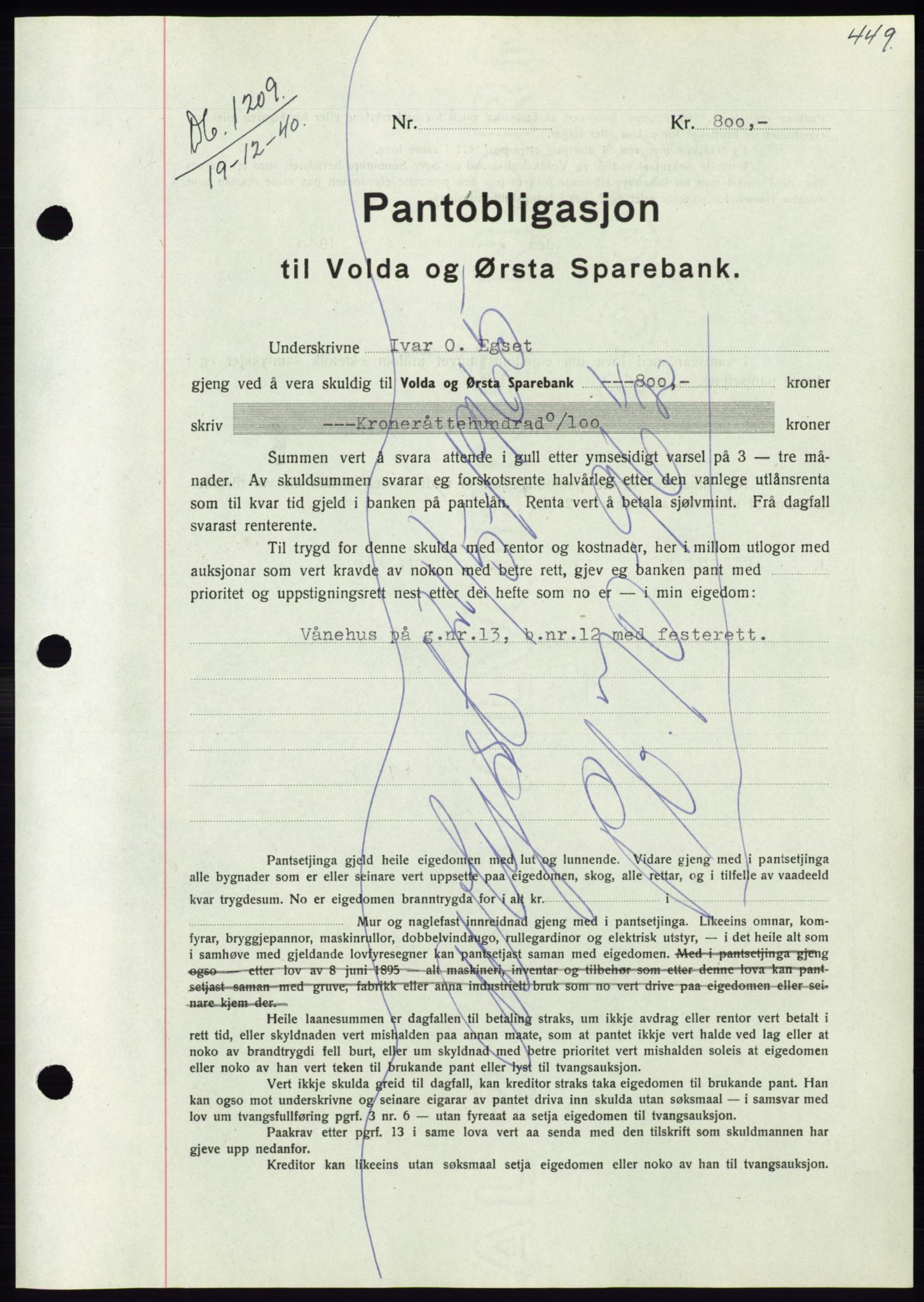 Søre Sunnmøre sorenskriveri, SAT/A-4122/1/2/2C/L0070: Pantebok nr. 64, 1940-1941, Dagboknr: 1209/1940