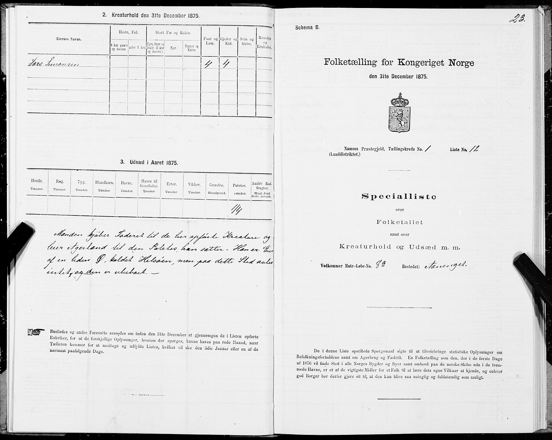 SAT, Folketelling 1875 for 1745L Namsos prestegjeld, Vemundvik sokn og Sævik sokn, 1875, s. 1023