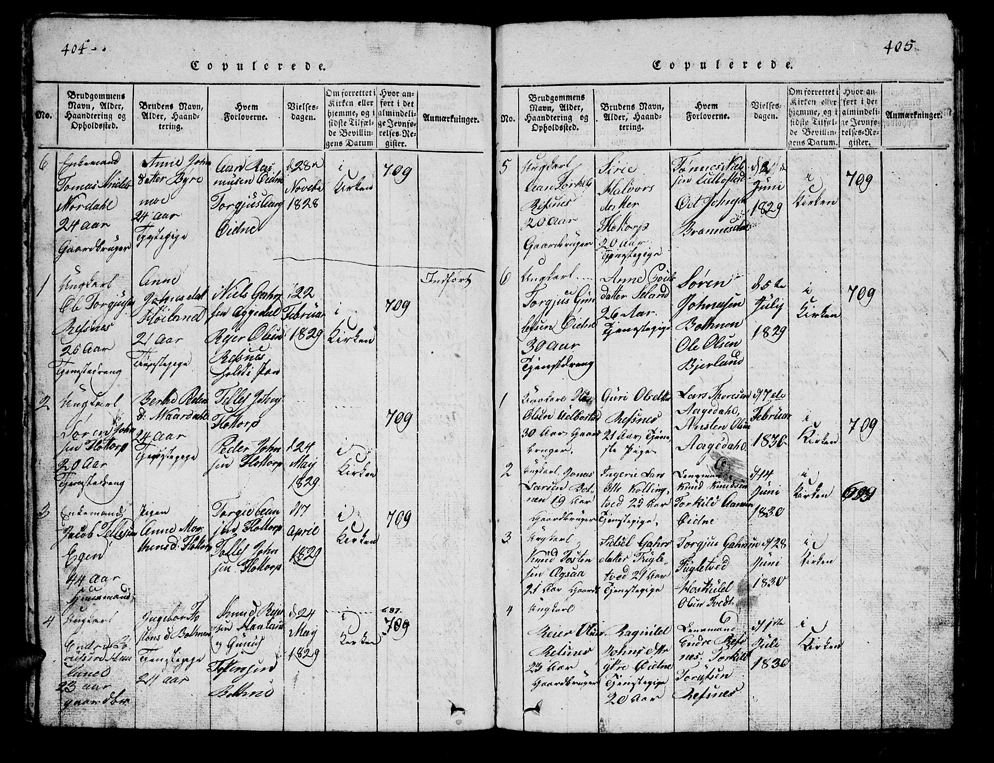 Bjelland sokneprestkontor, SAK/1111-0005/F/Fb/Fbc/L0001: Klokkerbok nr. B 1, 1815-1870, s. 404-405
