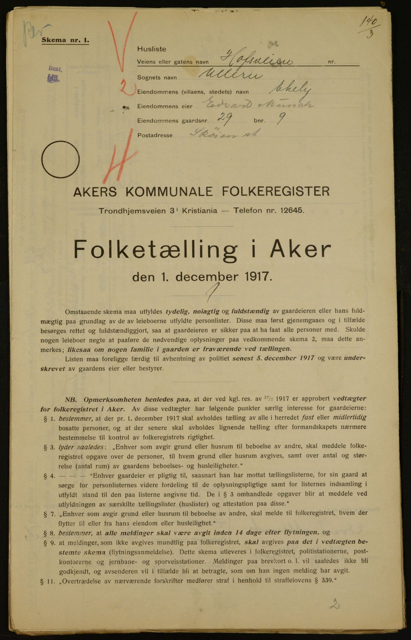 OBA, Kommunal folketelling 1.12.1917 for Aker, 1917, s. 4256