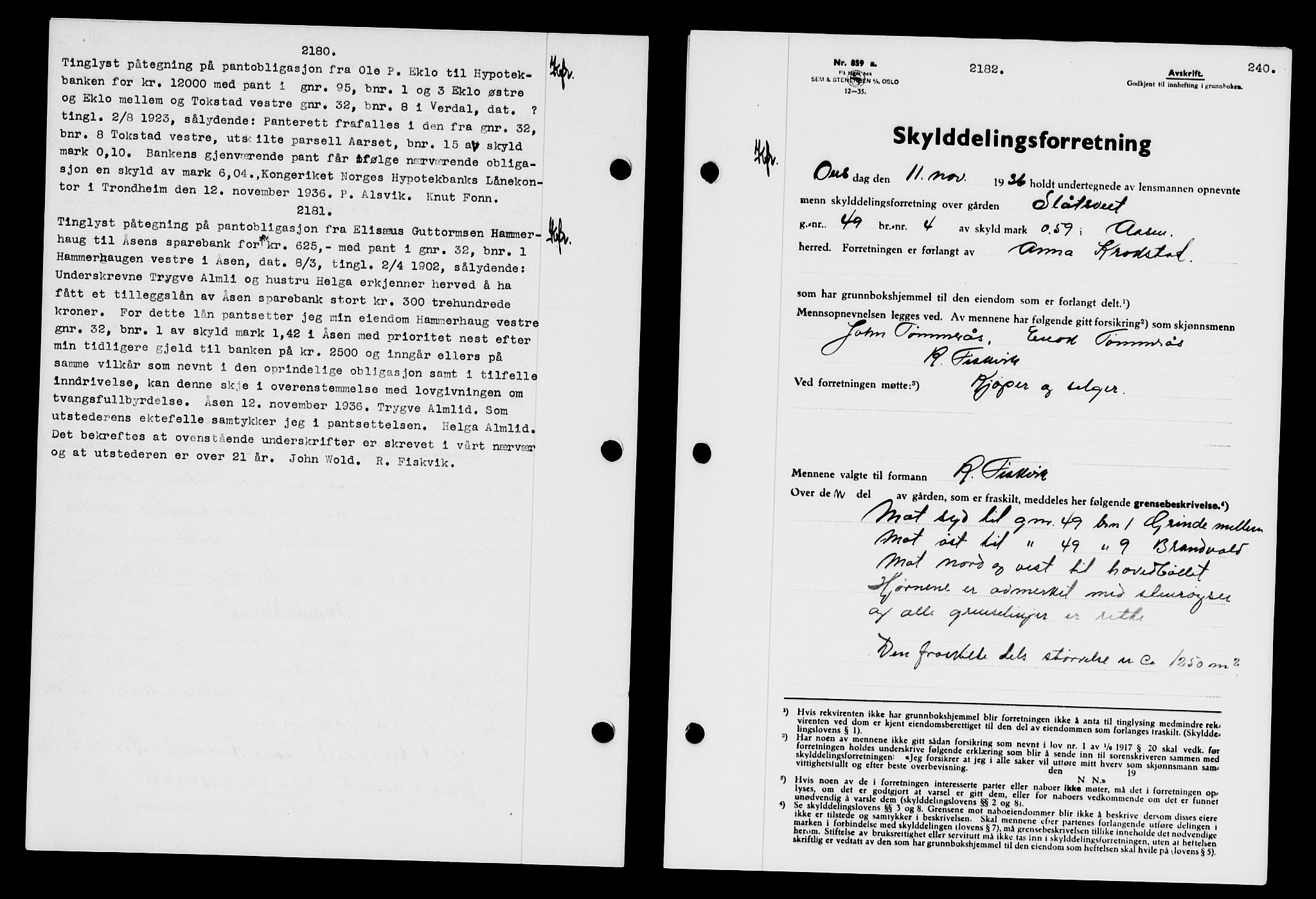 Stjør- og Verdal sorenskriveri, SAT/A-4167/1/2/2C/L0078: Pantebok nr. 46, 1936-1937, Dagboknr: 2182/1936