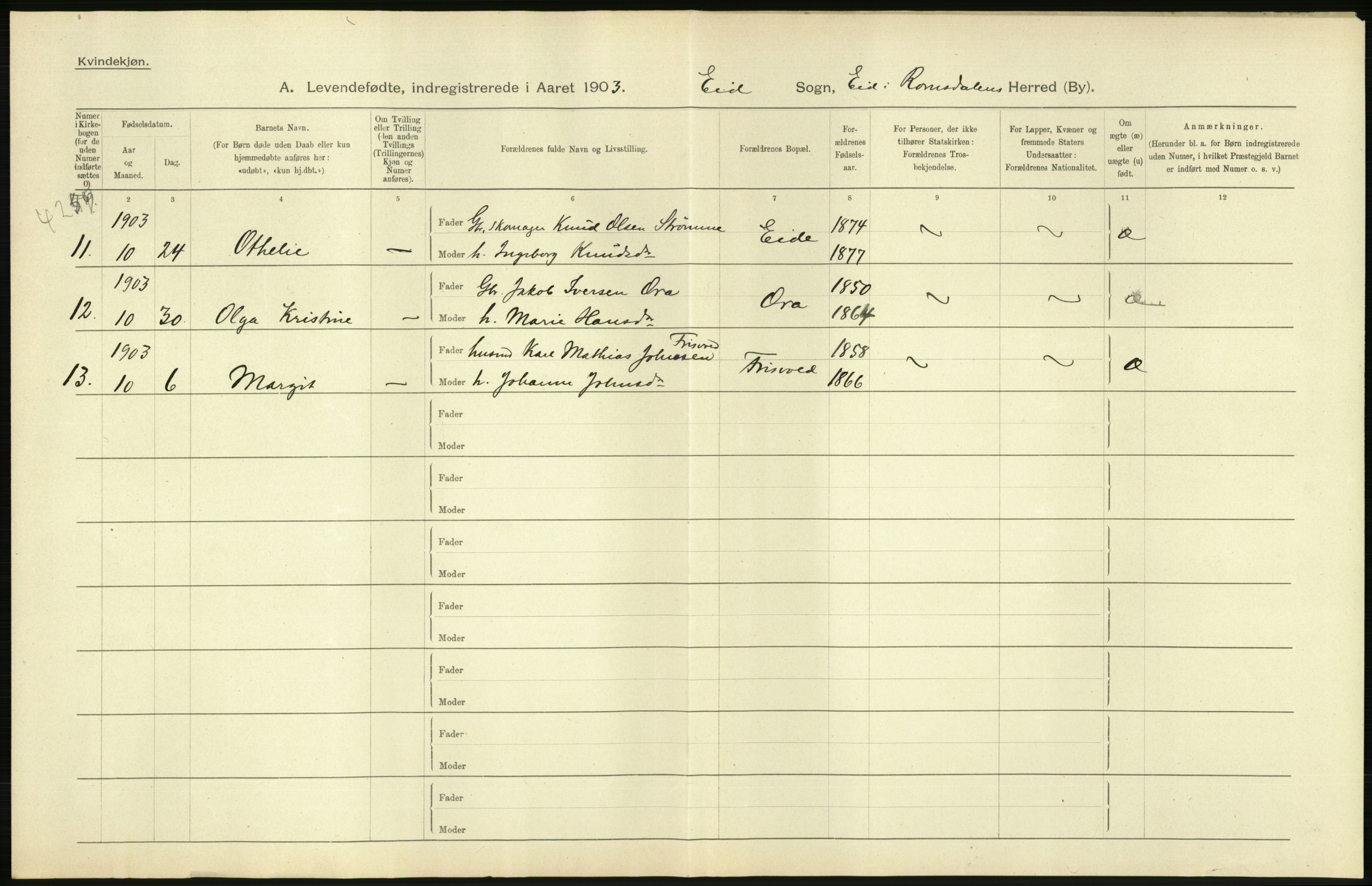 Statistisk sentralbyrå, Sosiodemografiske emner, Befolkning, RA/S-2228/D/Df/Dfa/Dfaa/L0016: Romsdal amt: Fødte, gifte, døde., 1903, s. 48