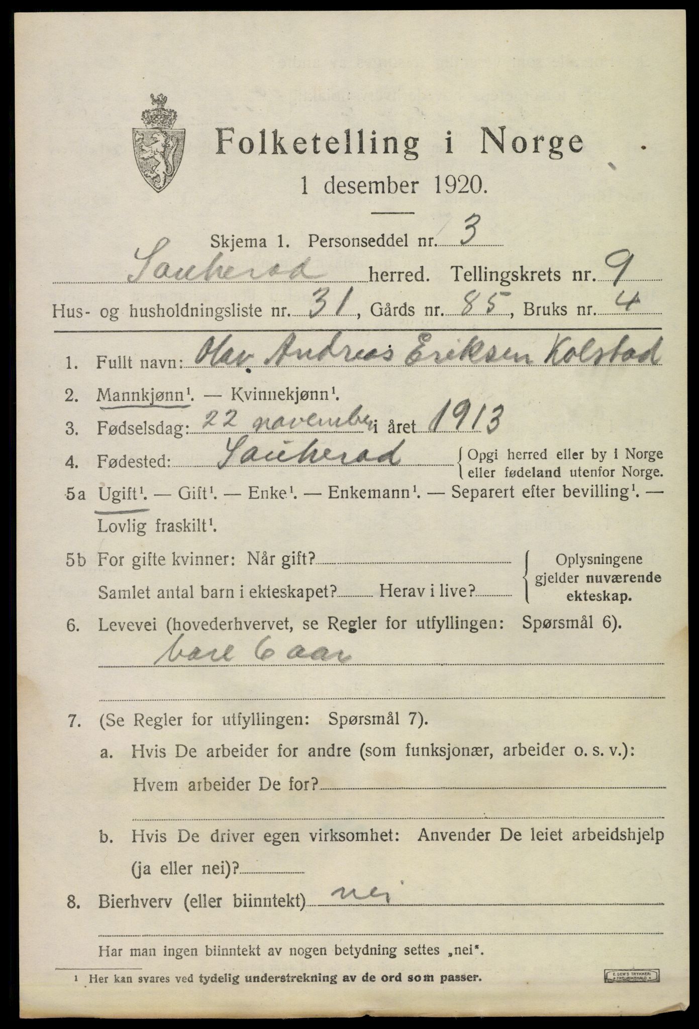 SAKO, Folketelling 1920 for 0822 Sauherad herred, 1920, s. 7155