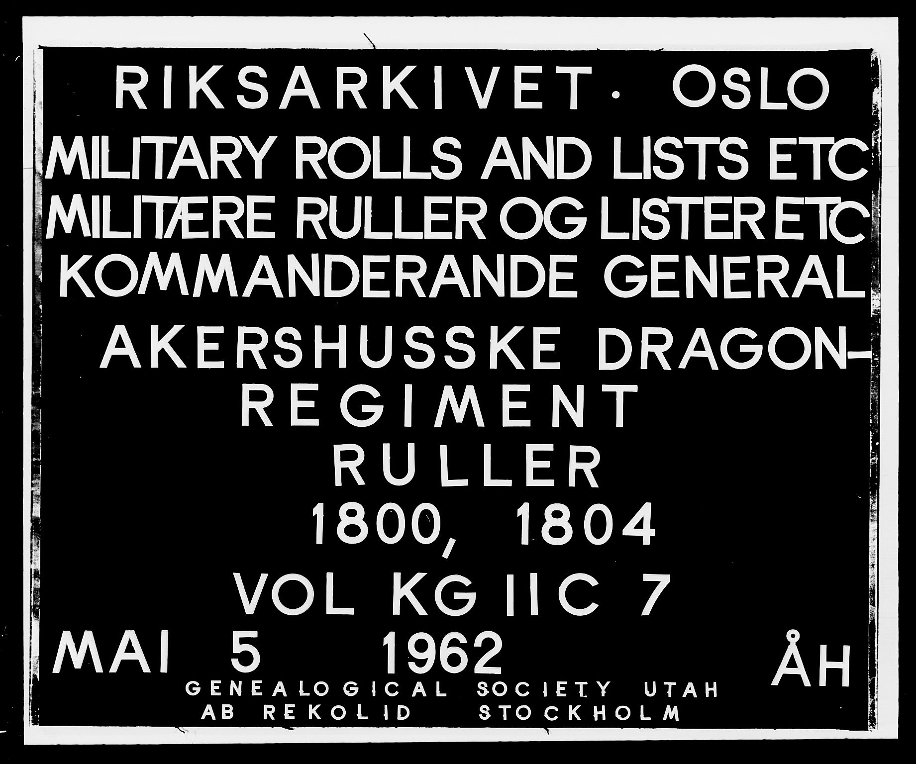 Generalitets- og kommissariatskollegiet, Det kongelige norske kommissariatskollegium, RA/EA-5420/E/Eh/L0007: Akershusiske dragonregiment, 1800-1804, s. 1