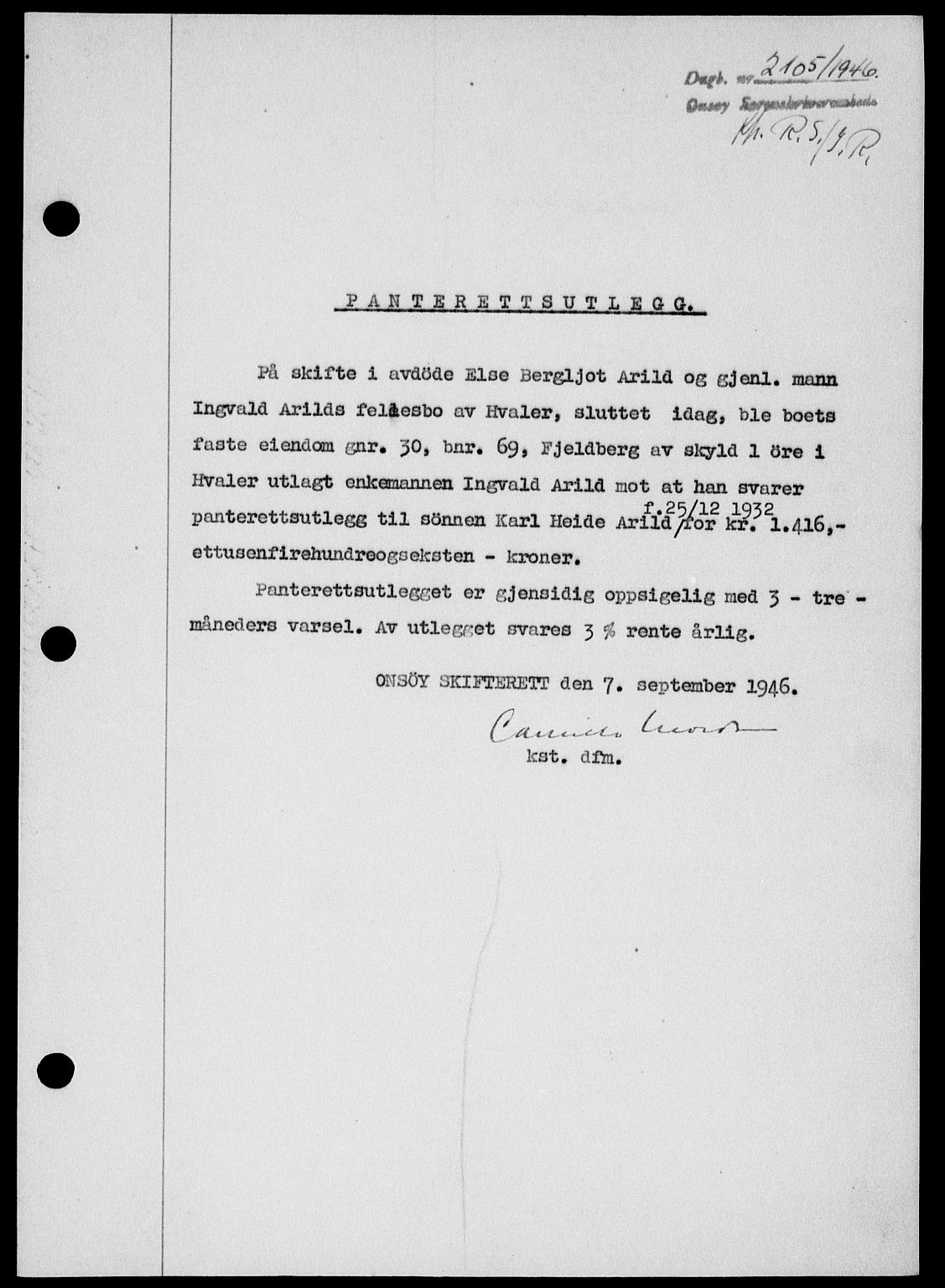 Onsøy sorenskriveri, SAO/A-10474/G/Ga/Gab/L0017: Pantebok nr. II A-17, 1946-1946, Dagboknr: 2105/1946