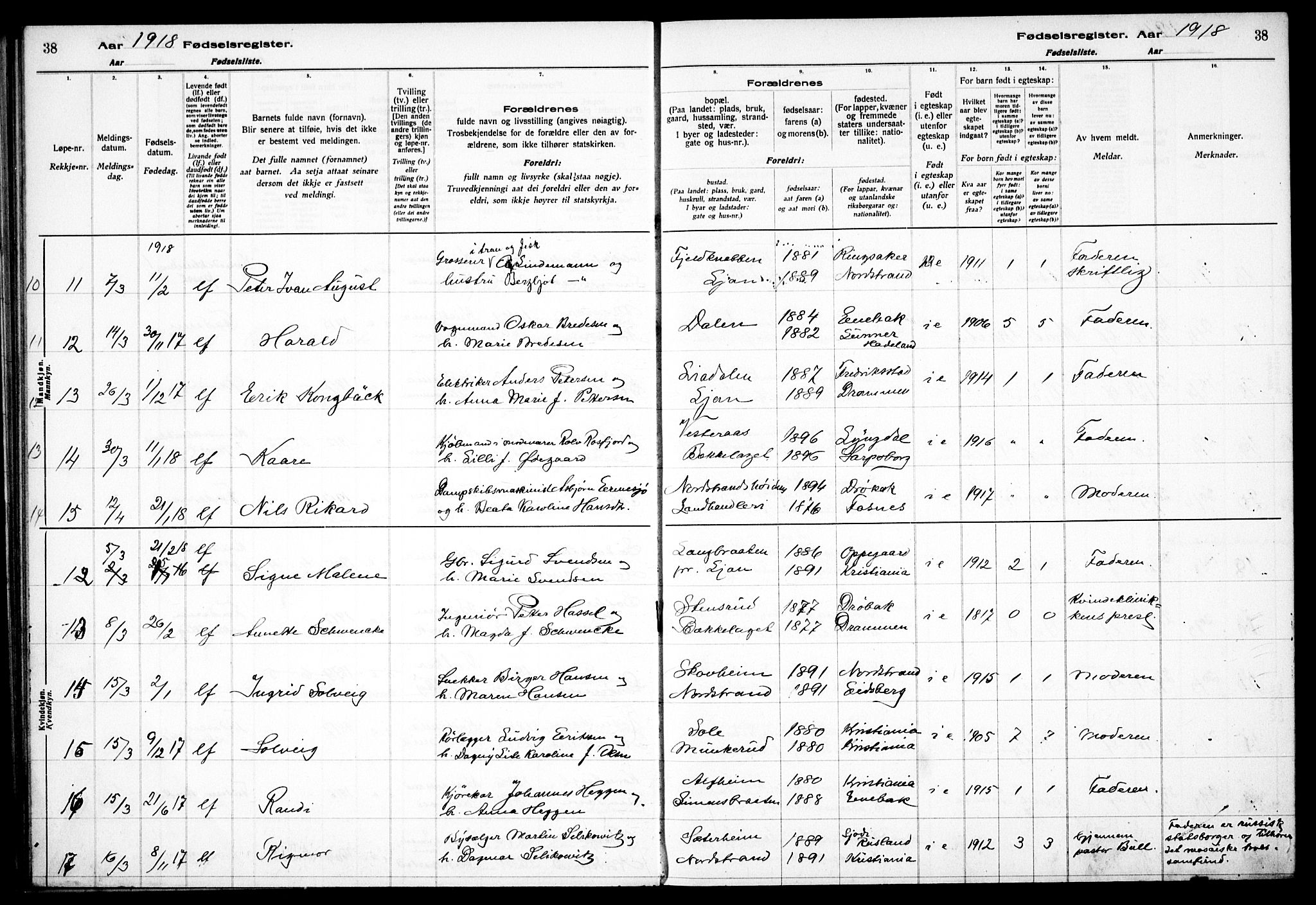 Nordstrand prestekontor Kirkebøker, AV/SAO-A-10362a/J/Ja/L0001: Fødselsregister nr. I 1, 1916-1924, s. 38