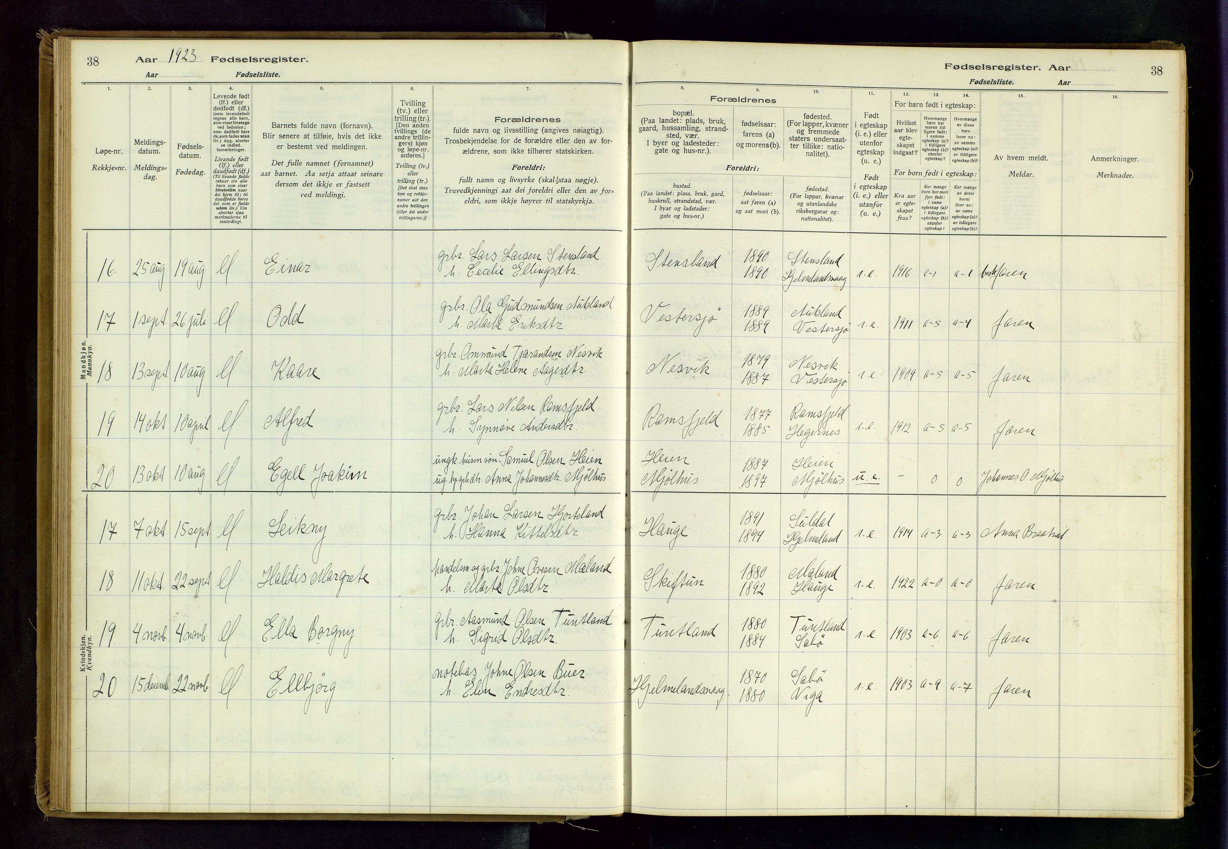 Hjelmeland sokneprestkontor, AV/SAST-A-101843/02/B/L0001: Fødselsregister nr. 1, 1916-1963, s. 38