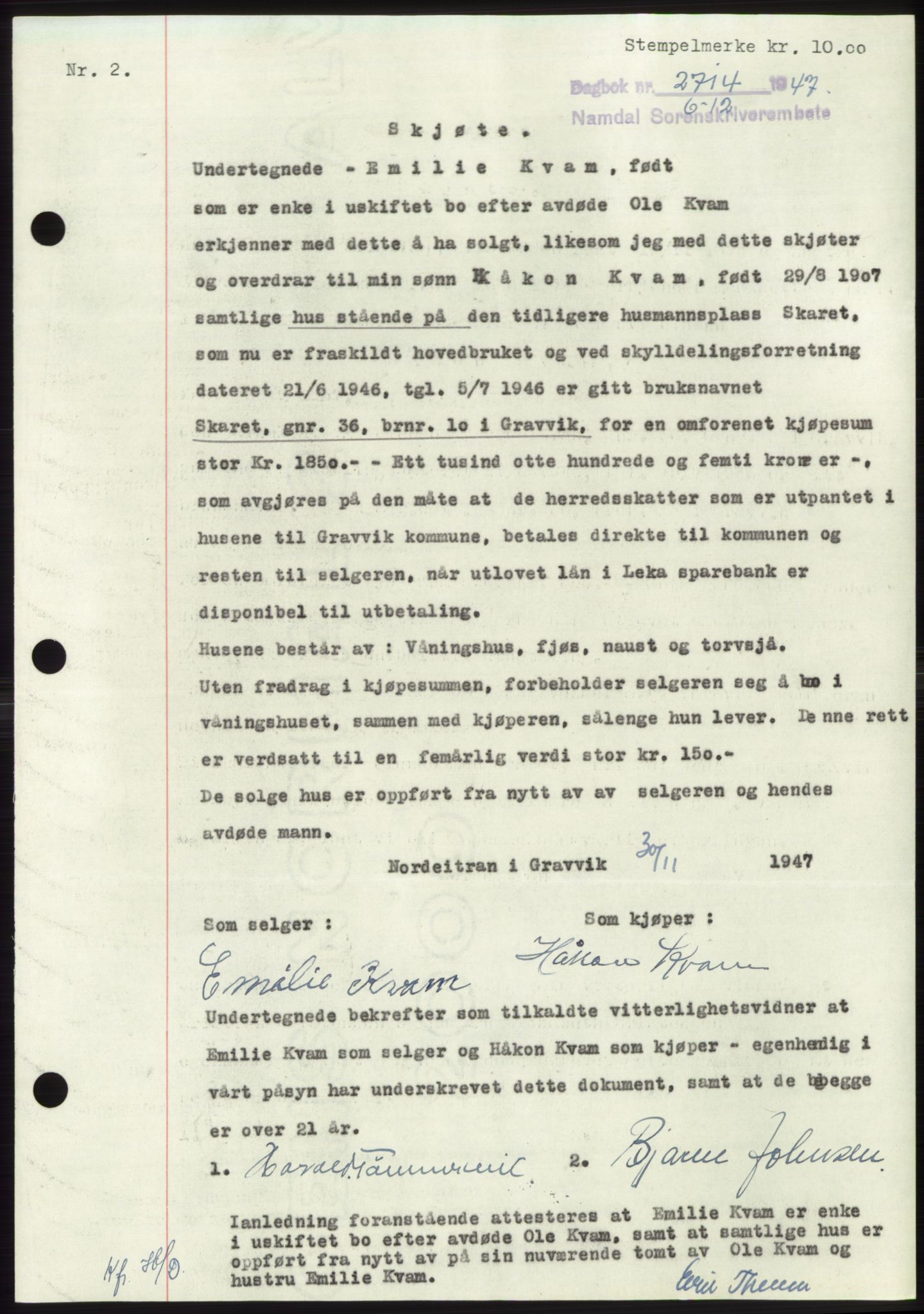 Namdal sorenskriveri, SAT/A-4133/1/2/2C: Pantebok nr. -, 1947-1948, Dagboknr: 2714/1947