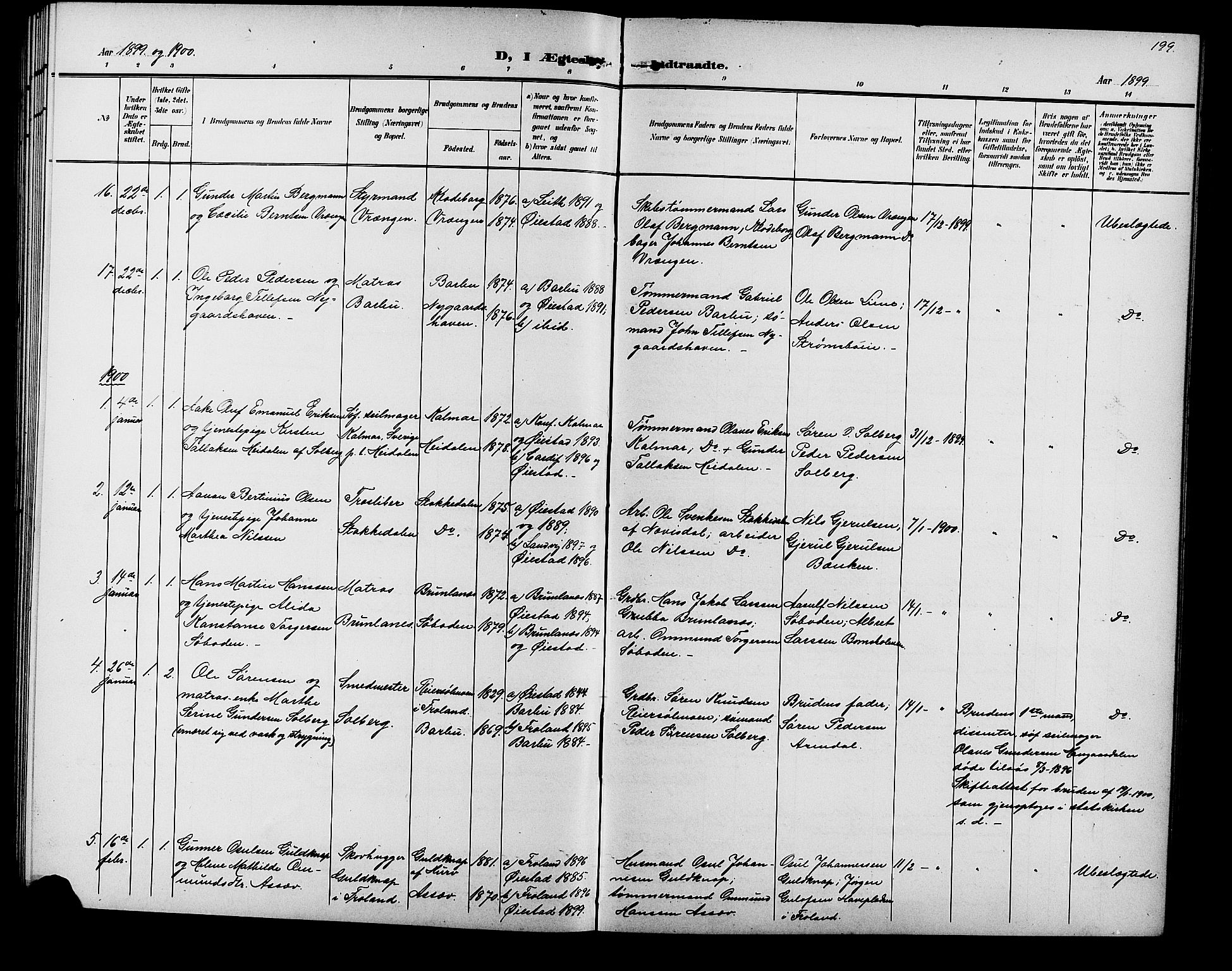 Øyestad sokneprestkontor, AV/SAK-1111-0049/F/Fb/L0010: Klokkerbok nr. B 10, 1897-1906, s. 199