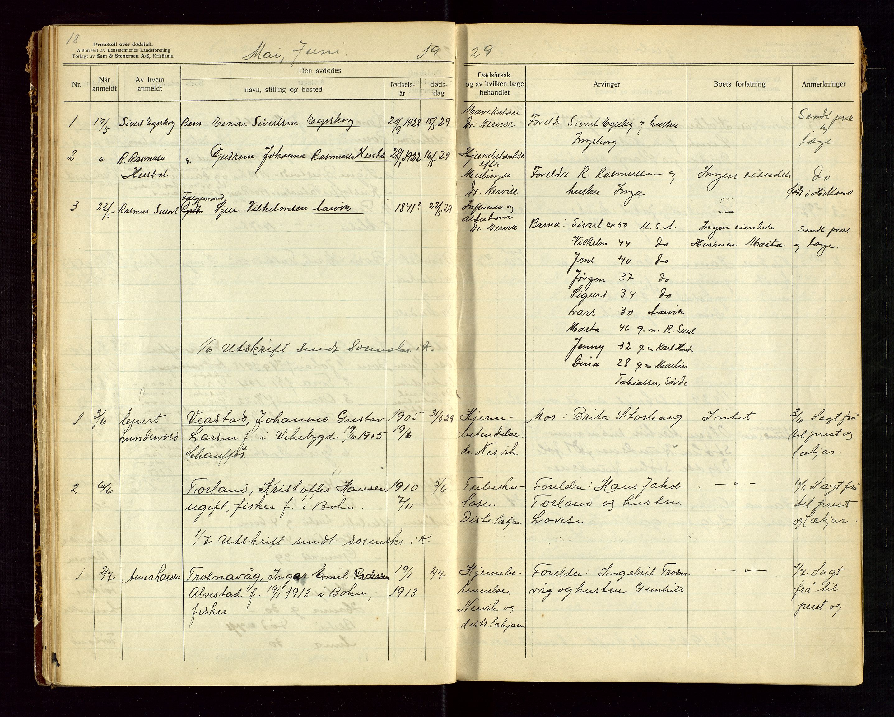 Tysvær lensmannskontor, AV/SAST-A-100192/Gga/L0004: "Protokol over anmeldte dødsfall i Tysvær lensmanndsdistrikt" med register, 1927-1949, s. 18