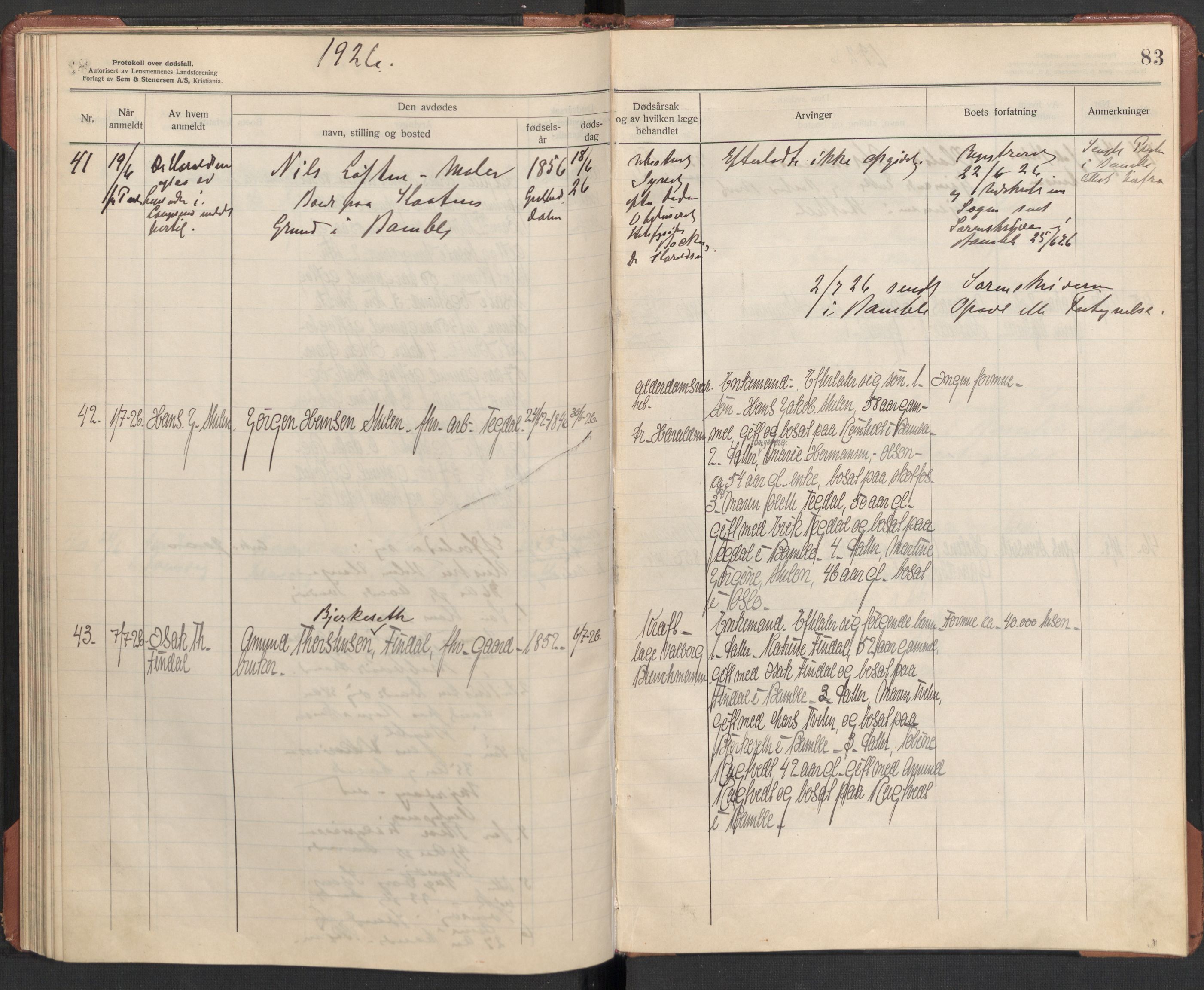 Bamble lensmannskontor, AV/SAKO-A-552/H/Ha/Haa/L0004: Dødsfallsprotokoll, 1923-1926, s. 83