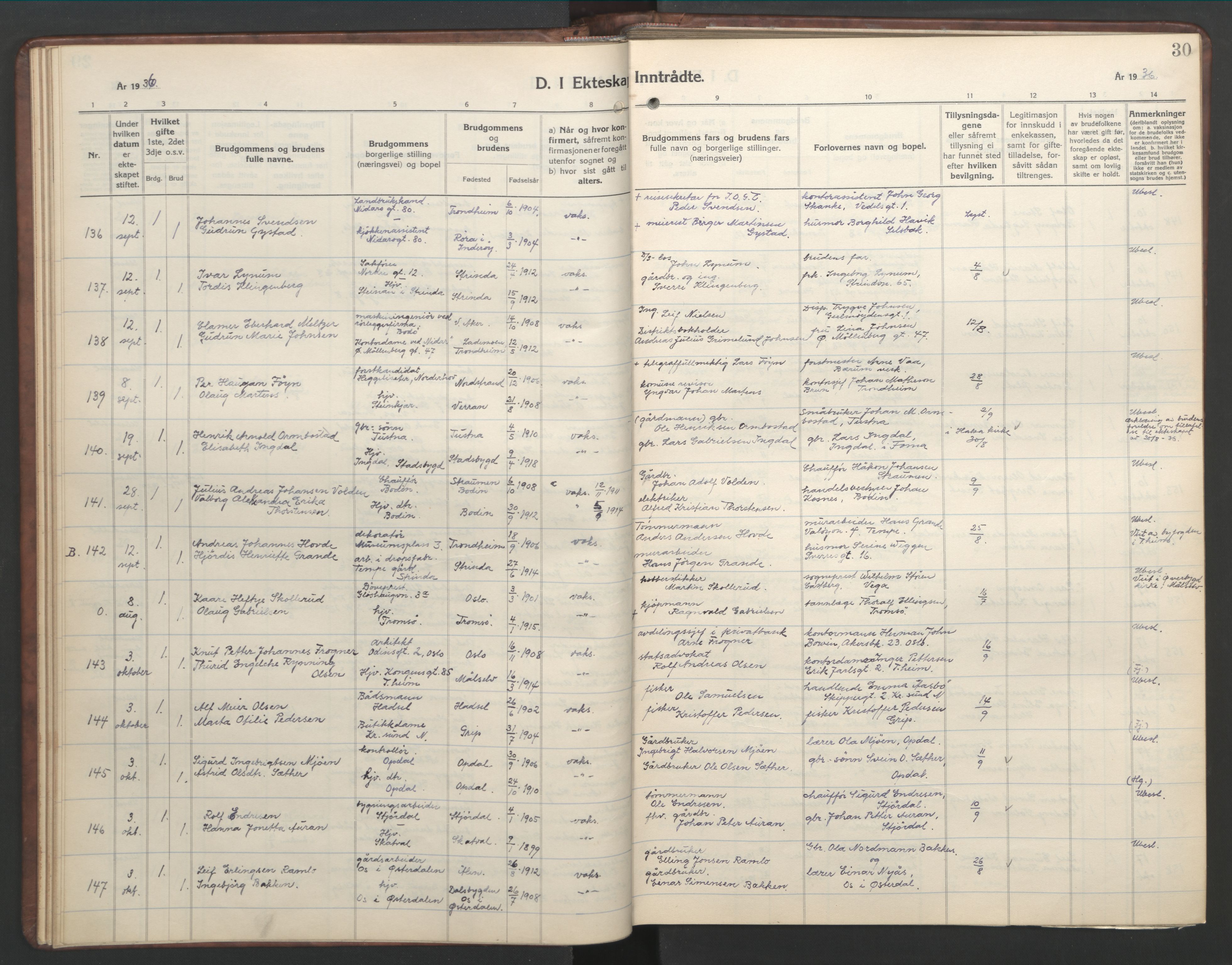 Ministerialprotokoller, klokkerbøker og fødselsregistre - Sør-Trøndelag, SAT/A-1456/601/L0101: Klokkerbok nr. 601C19, 1935-1946, s. 30