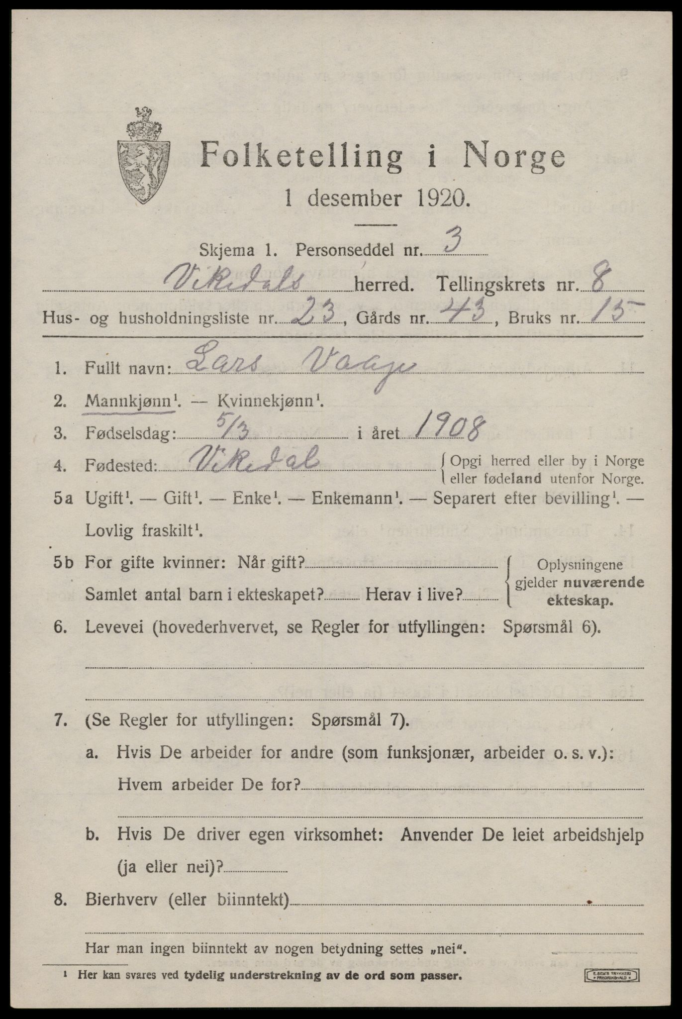 SAST, Folketelling 1920 for 1157 Vikedal herred, 1920, s. 2913