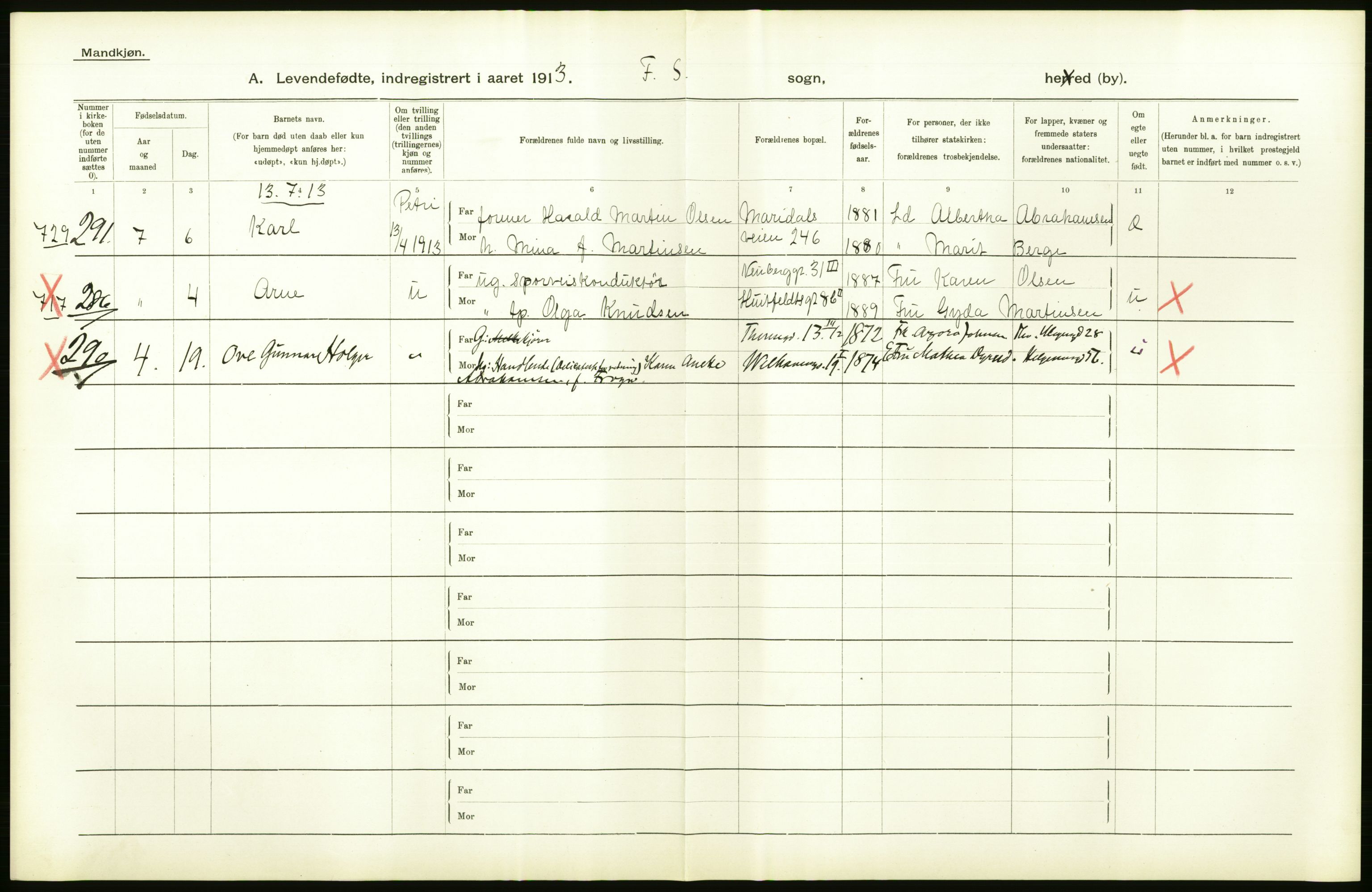 Statistisk sentralbyrå, Sosiodemografiske emner, Befolkning, AV/RA-S-2228/D/Df/Dfb/Dfbc/L0007: Kristiania: Levendefødte menn og kvinner., 1913, s. 74