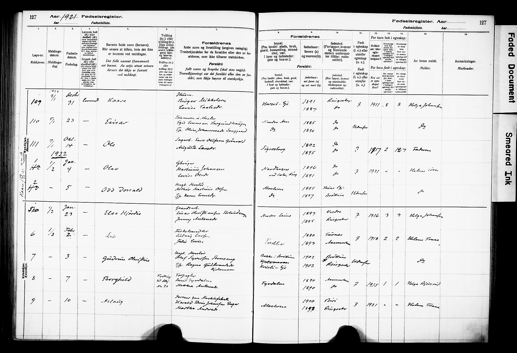 Ringsaker prestekontor, AV/SAH-PREST-014/O/Oa/L0001: Fødselsregister nr. 1, 1916-1925, s. 127