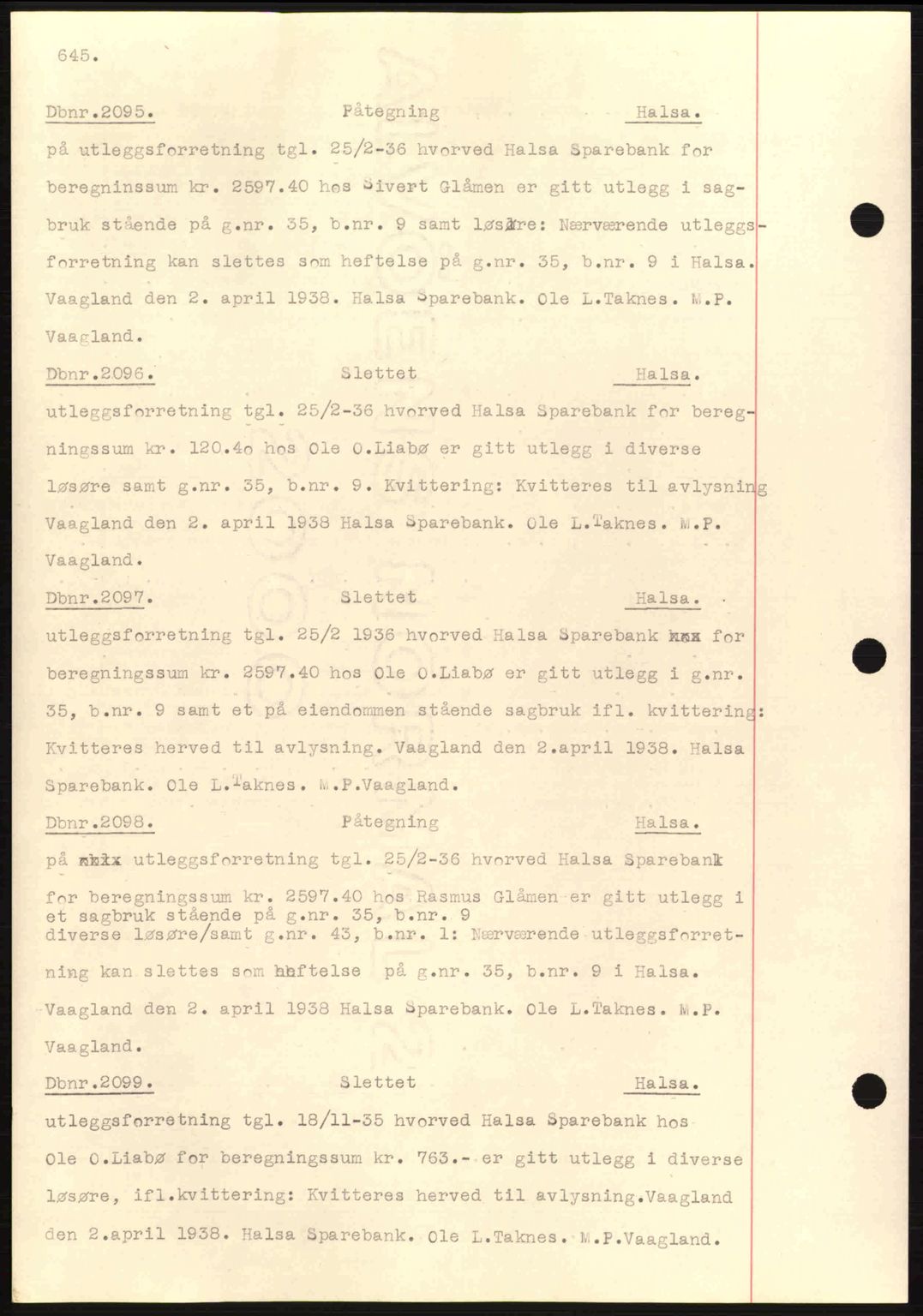 Nordmøre sorenskriveri, SAT/A-4132/1/2/2Ca: Pantebok nr. C80, 1936-1939, Dagboknr: 2095/1938