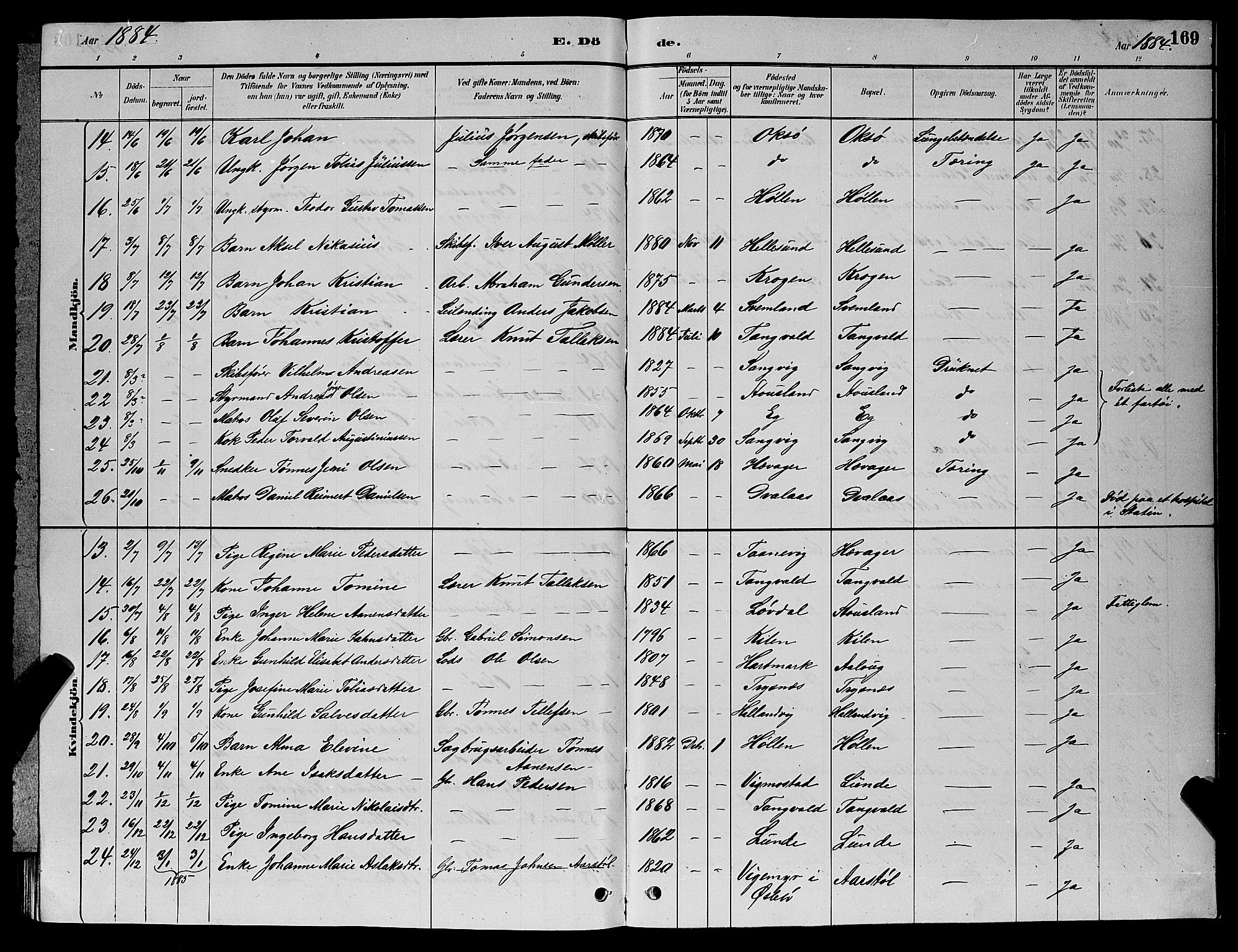 Søgne sokneprestkontor, SAK/1111-0037/F/Fb/Fbb/L0005: Klokkerbok nr. B 5, 1884-1891, s. 169