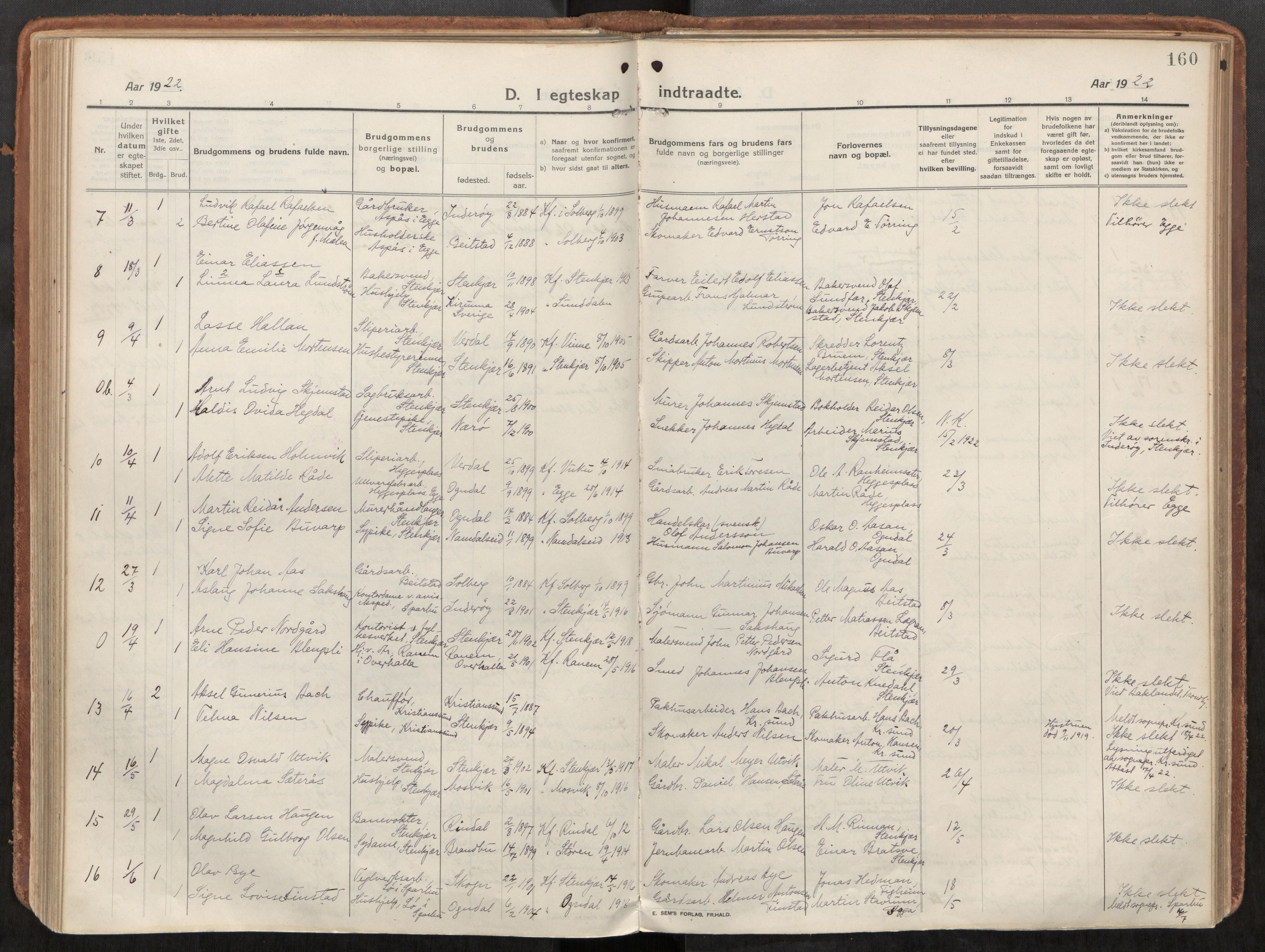Steinkjer sokneprestkontor, AV/SAT-A-1541/01/H/Ha/Haa/L0003: Ministerialbok nr. 3, 1913-1922, s. 160
