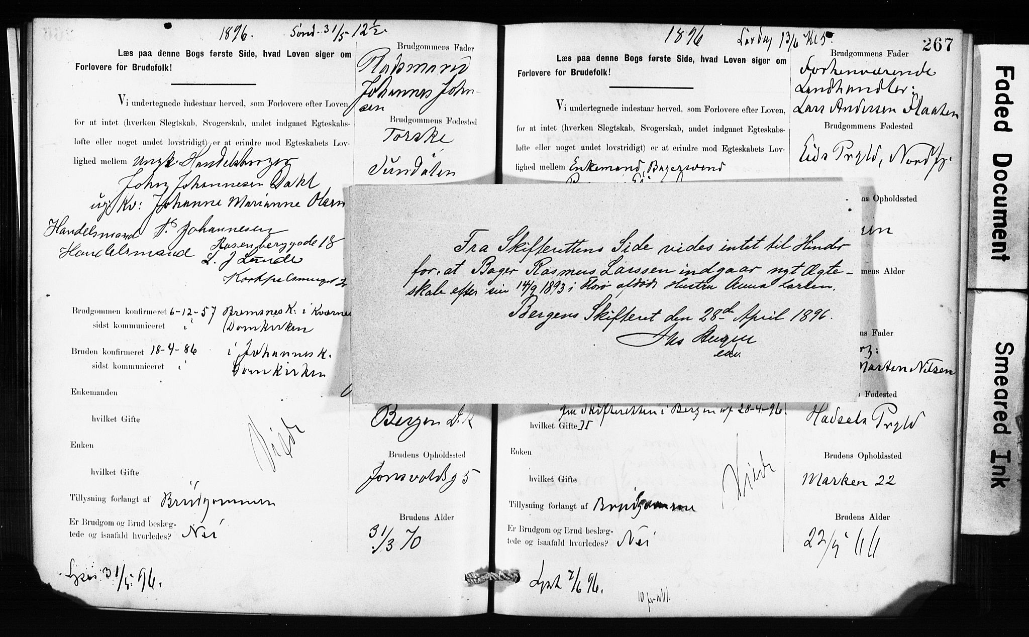 Domkirken sokneprestembete, SAB/A-74801: Forlovererklæringer nr. II.5.10, 1890-1899, s. 267
