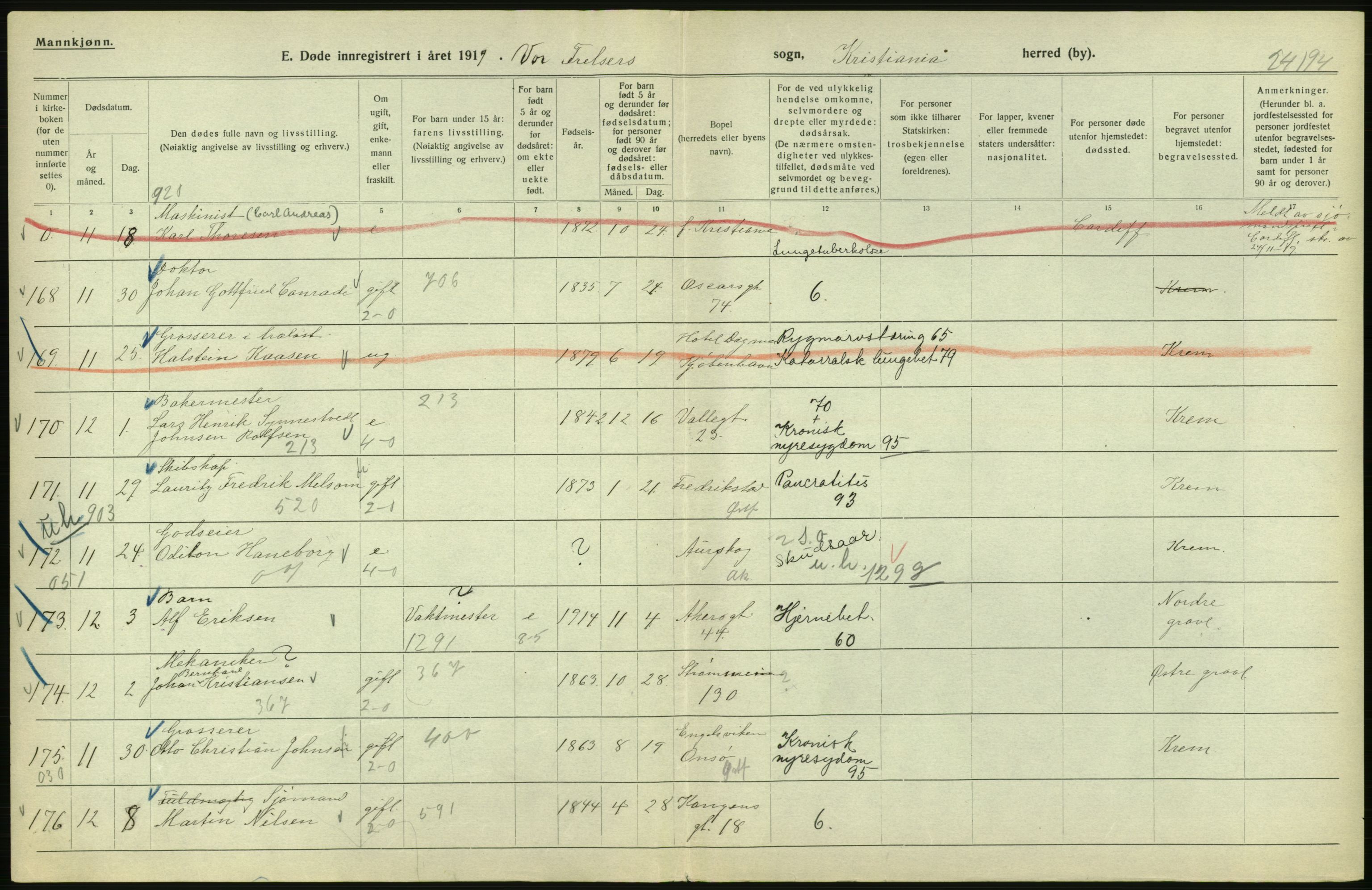 Statistisk sentralbyrå, Sosiodemografiske emner, Befolkning, AV/RA-S-2228/D/Df/Dfb/Dfbi/L0011: Kristiania: Døde, dødfødte, 1919