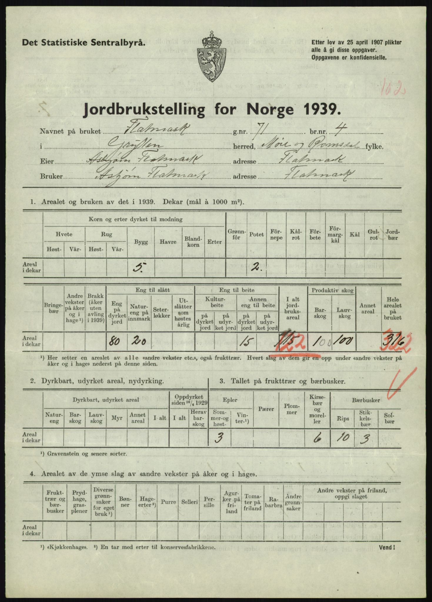 Statistisk sentralbyrå, Næringsøkonomiske emner, Jordbruk, skogbruk, jakt, fiske og fangst, AV/RA-S-2234/G/Gb/L0251: Møre og Romsdal: Voll, Eid, Grytten og Hen, 1939, s. 859