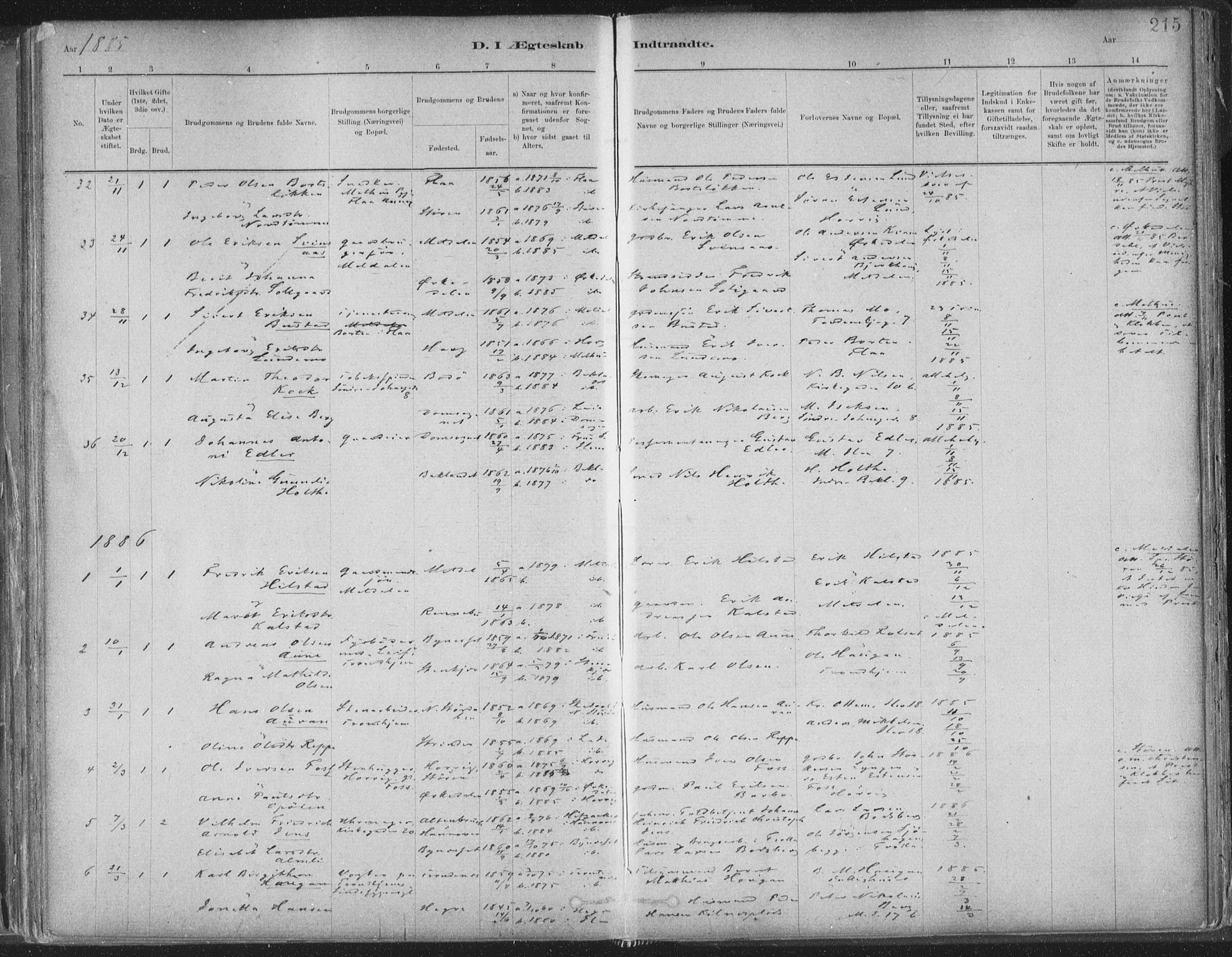 Ministerialprotokoller, klokkerbøker og fødselsregistre - Sør-Trøndelag, AV/SAT-A-1456/603/L0162: Ministerialbok nr. 603A01, 1879-1895, s. 215