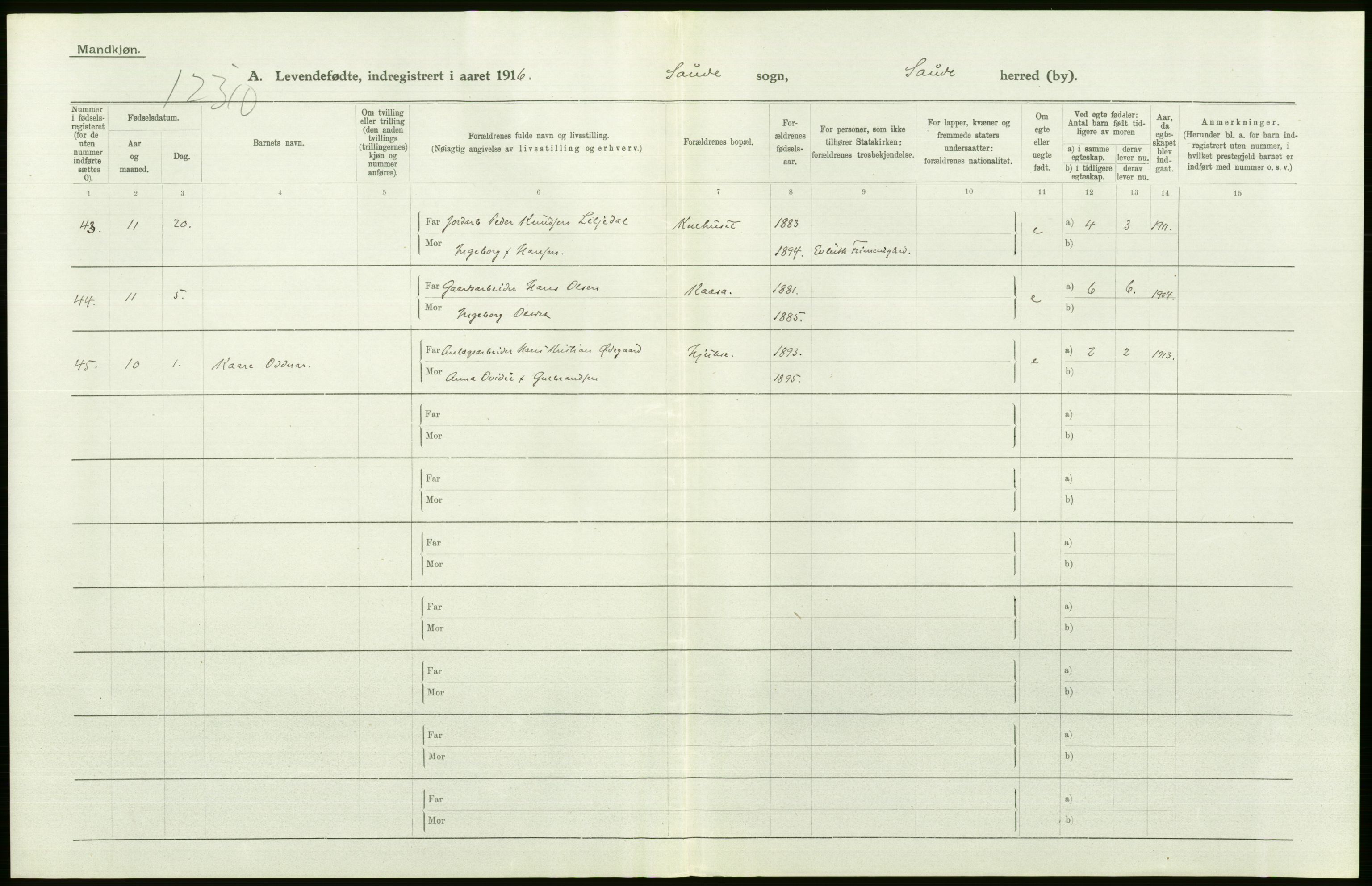 Statistisk sentralbyrå, Sosiodemografiske emner, Befolkning, AV/RA-S-2228/D/Df/Dfb/Dfbf/L0022: Bratsberg amt: Levendefødte menn og kvinner. Bygder., 1916, s. 258