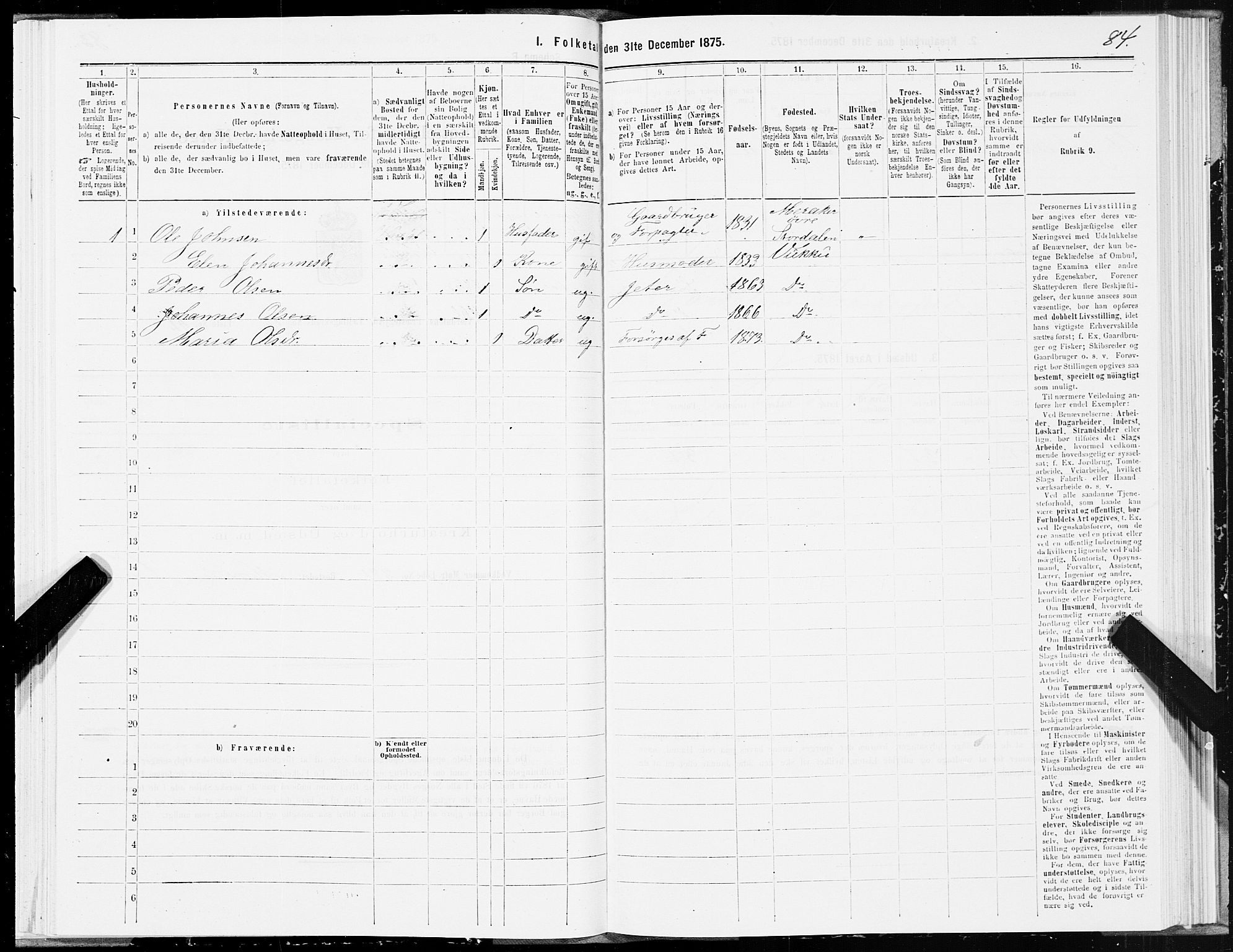 SAT, Folketelling 1875 for 1721P Verdal prestegjeld, 1875, s. 7084