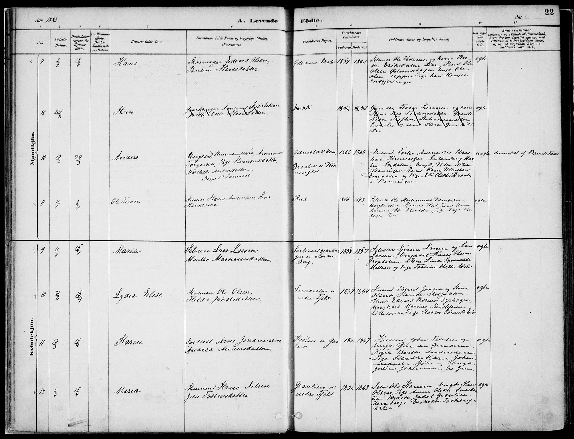 Nord-Odal prestekontor, AV/SAH-PREST-032/H/Ha/Haa/L0008: Ministerialbok nr. 8, 1886-1901, s. 22