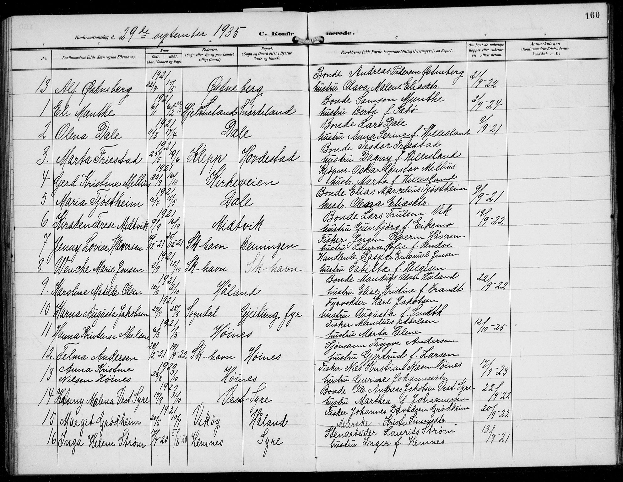 Skudenes sokneprestkontor, SAST/A -101849/H/Ha/Hab/L0009: Klokkerbok nr. B 9, 1908-1936, s. 160